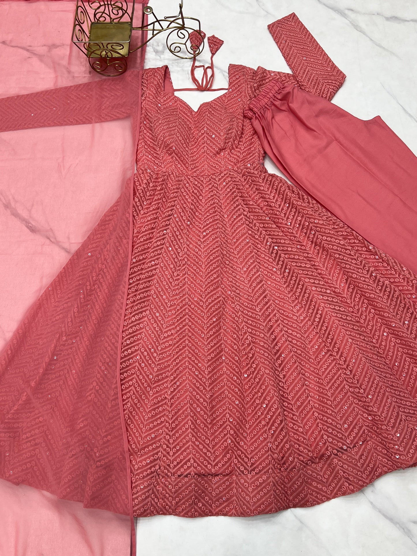 Arresting Pure Soft Georgette Lucknowi Sequins Embroidered Anarkali Pant Suit