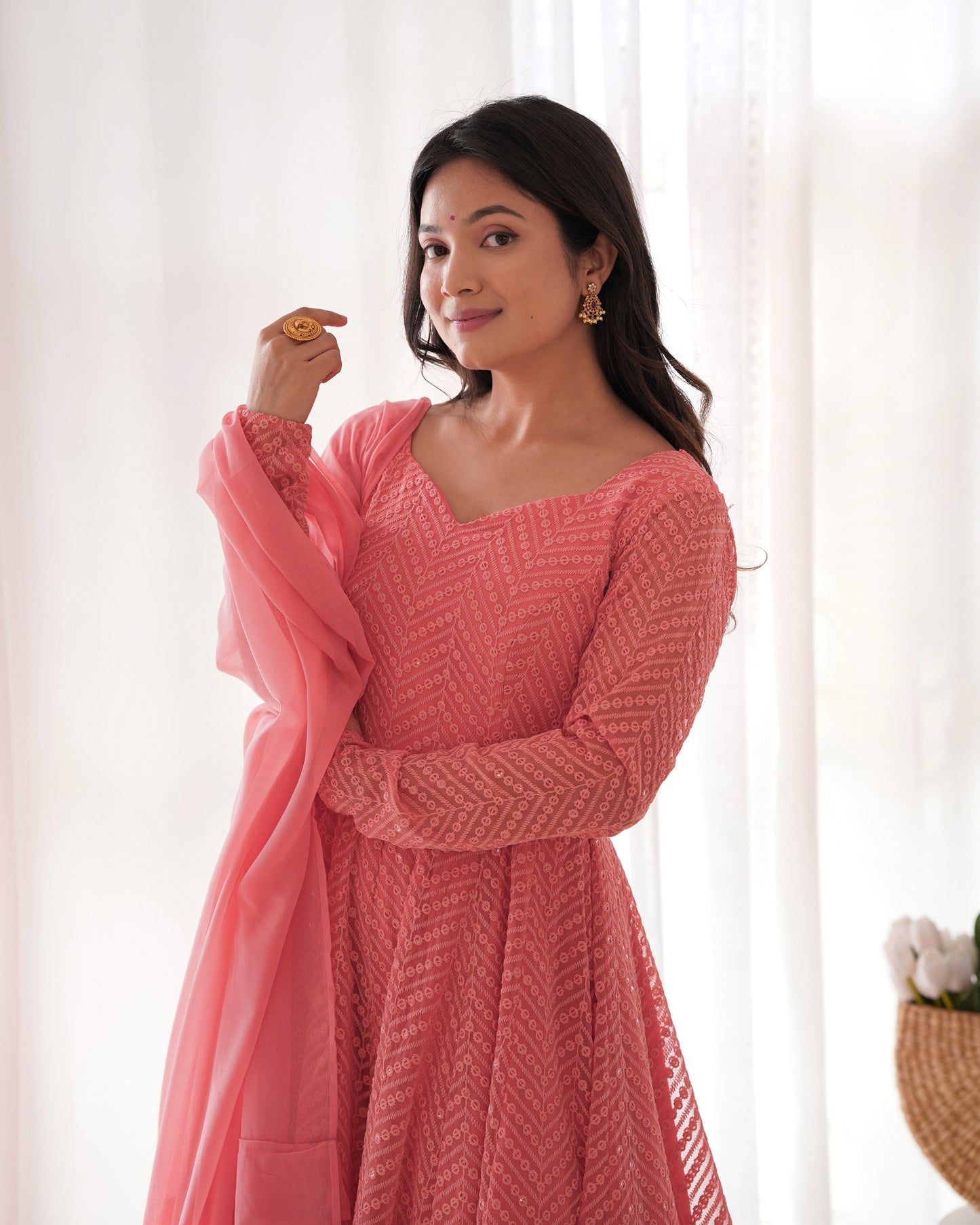 Arresting Pure Soft Georgette Lucknowi Sequins Embroidered Anarkali Pant Suit