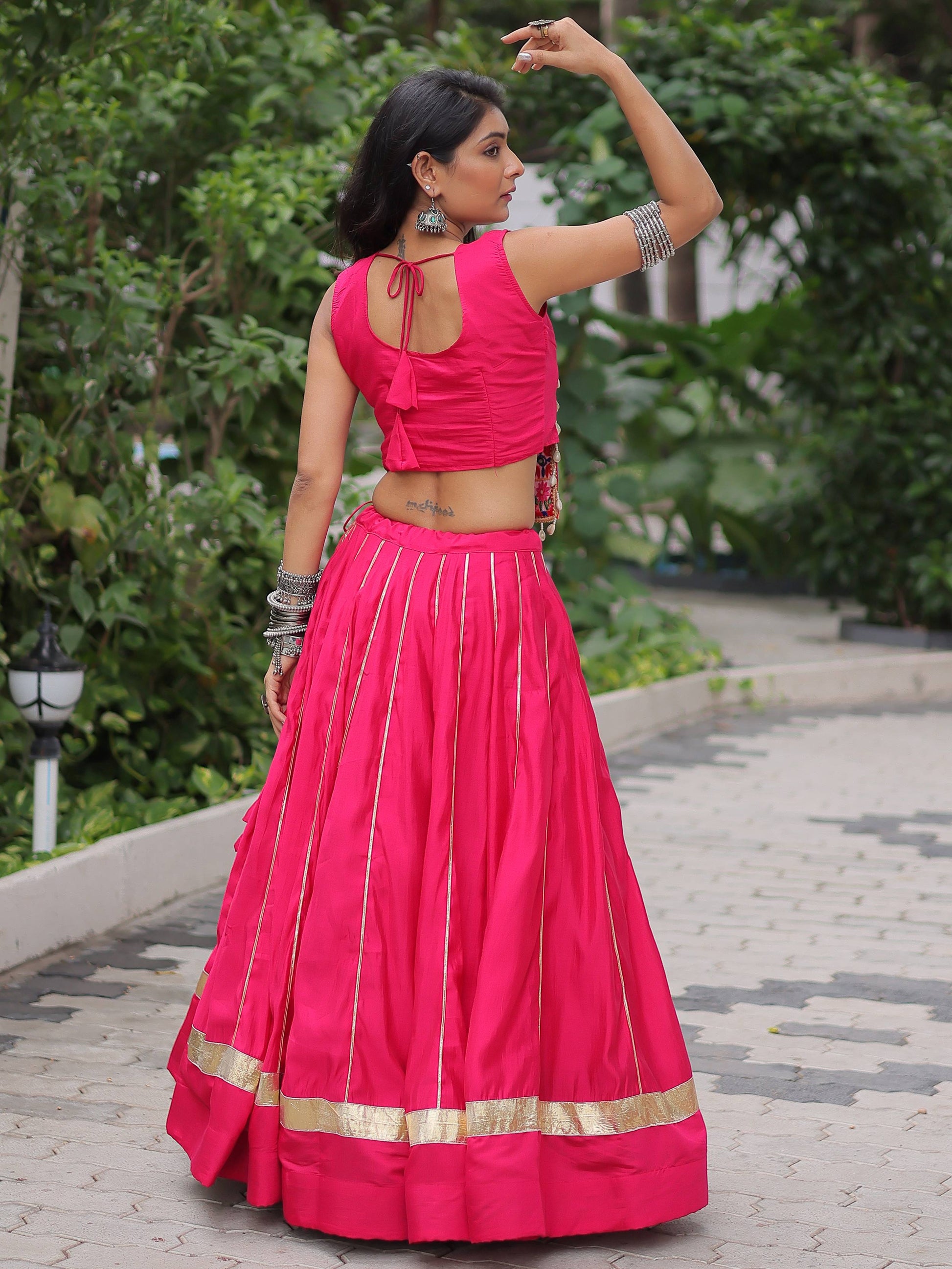 Gorgeous Pink Silk Kutchi Gamthi Work Navratri Wear Crop Top Lehenga
