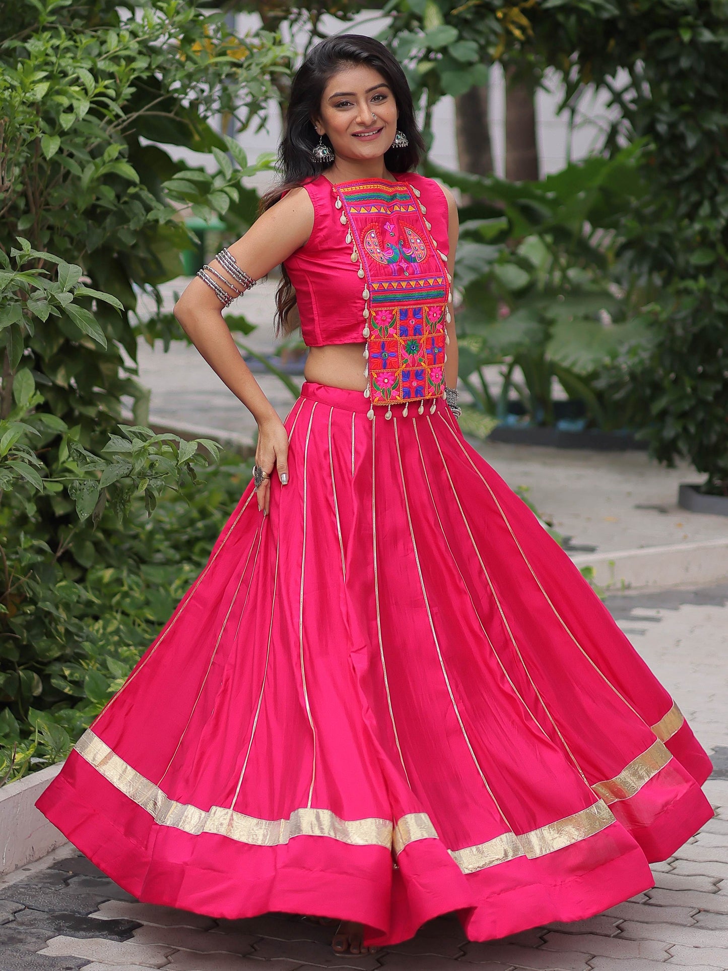 Gorgeous Pink Silk Kutchi Gamthi Work Navratri Wear Crop Top Lehenga