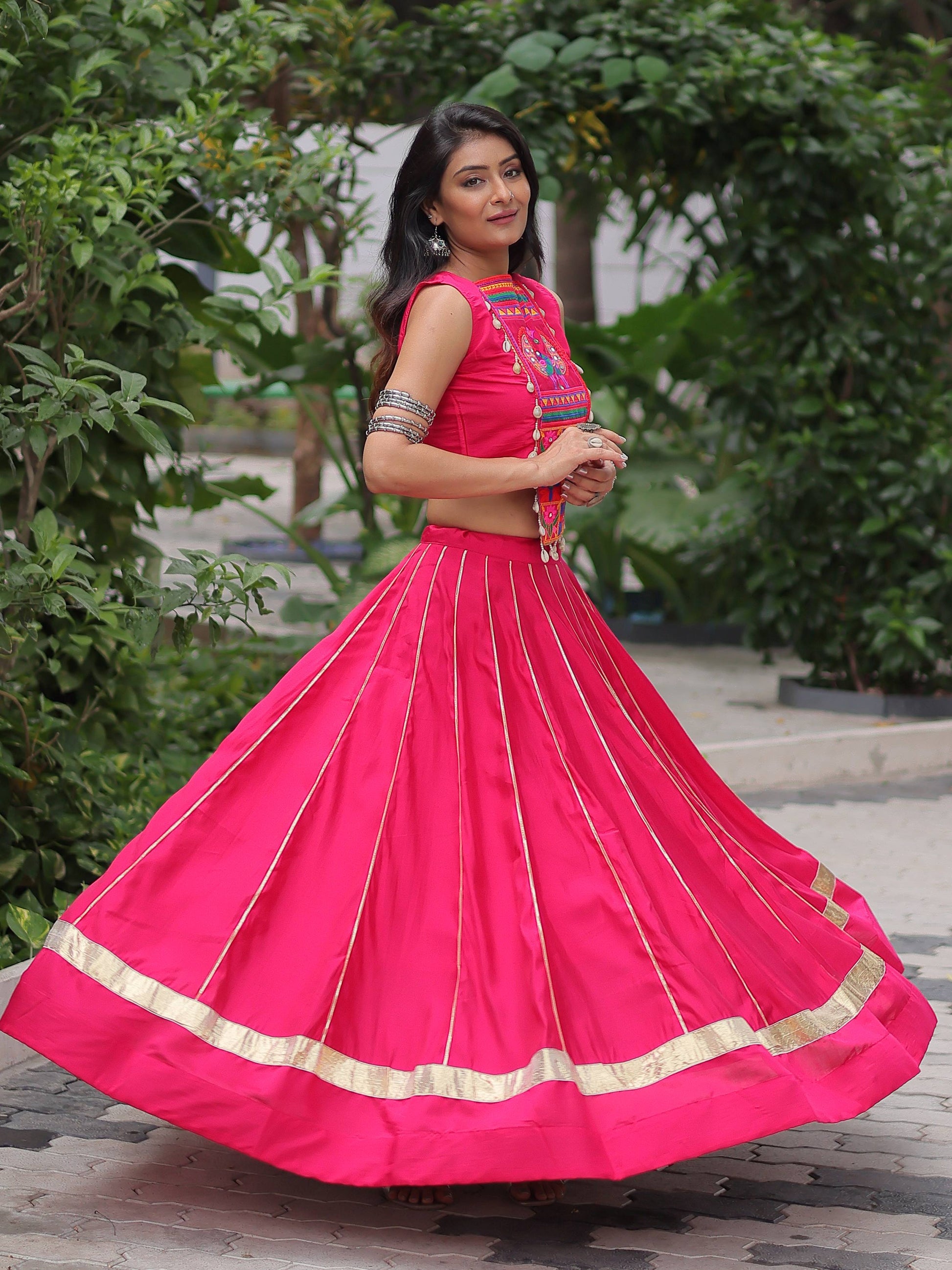 Gorgeous Pink Silk Kutchi Gamthi Work Navratri Wear Crop Top Lehenga