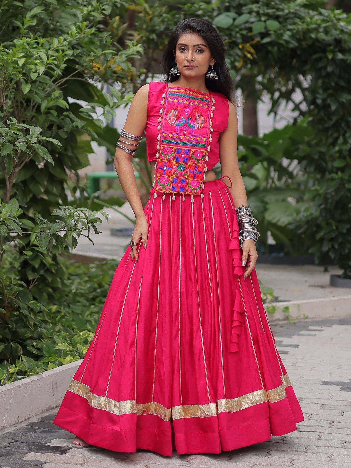 Gorgeous Pink Silk Kutchi Gamthi Work Navratri Wear Crop Top Lehenga