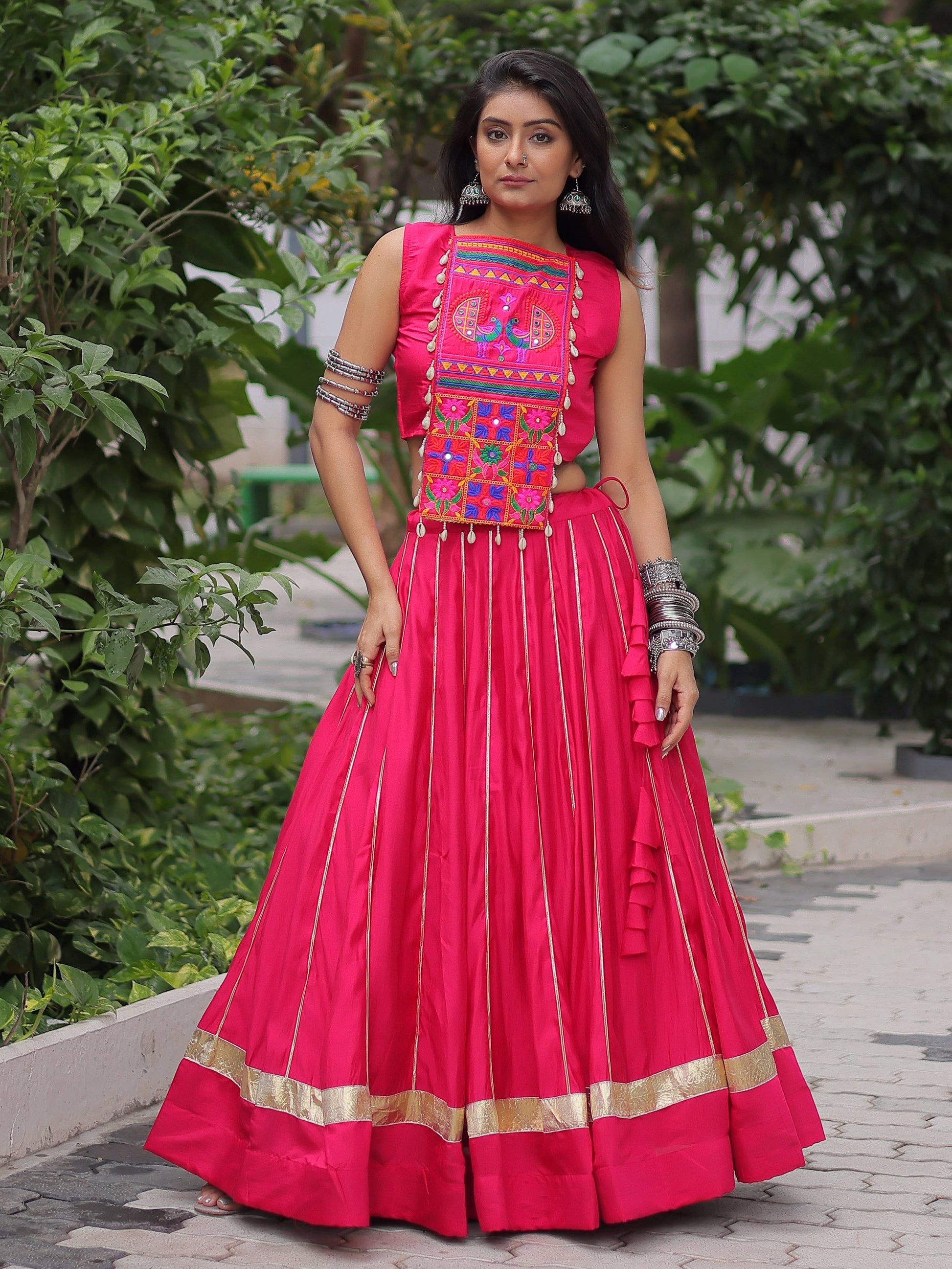 Gorgeous Pink Silk Kutchi Gamthi Work Navratri Wear Crop Top Lehenga