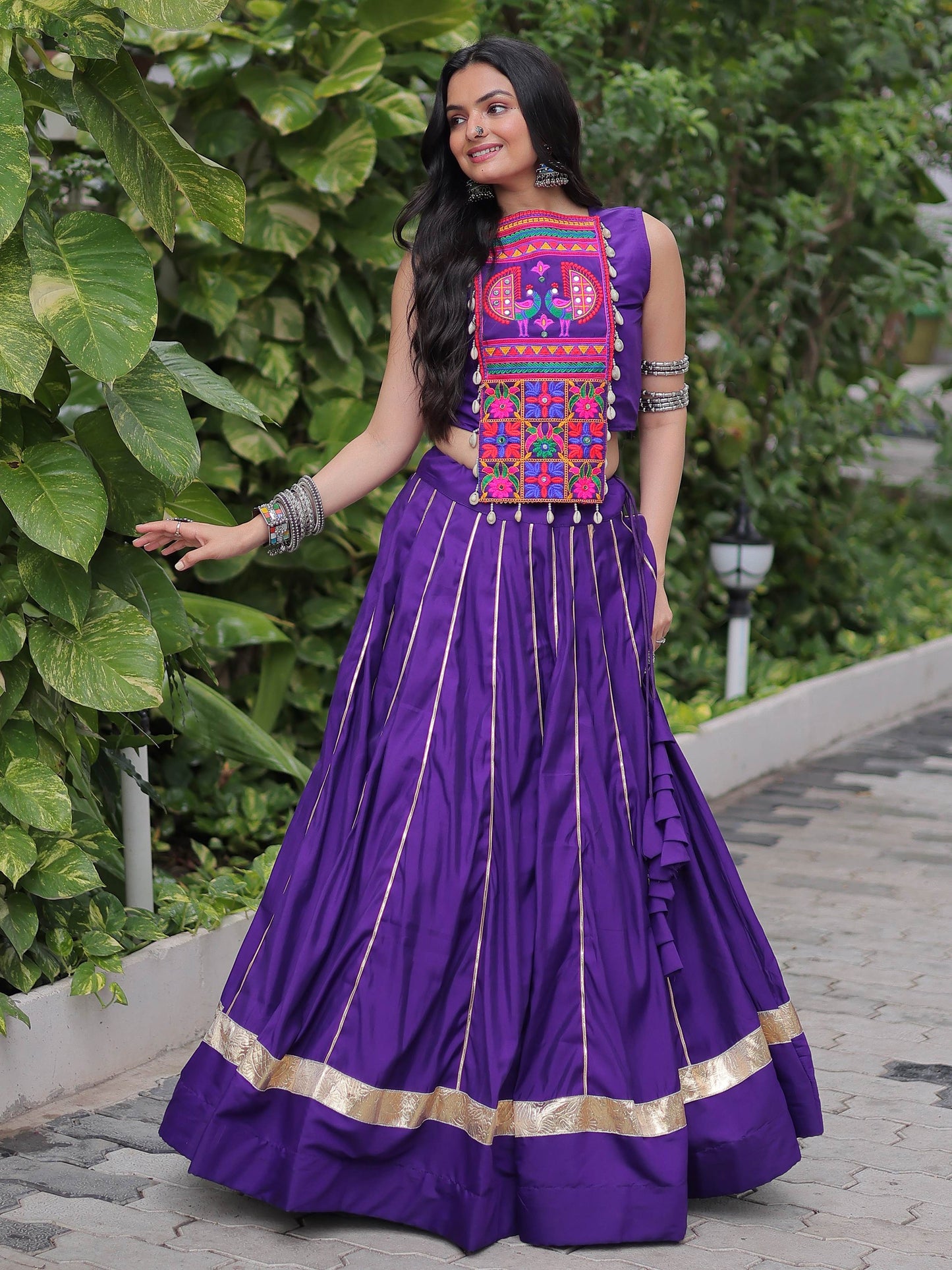 Alluring Purple Silk Gota Patti Work Navratri Special Crop Top Lehenga