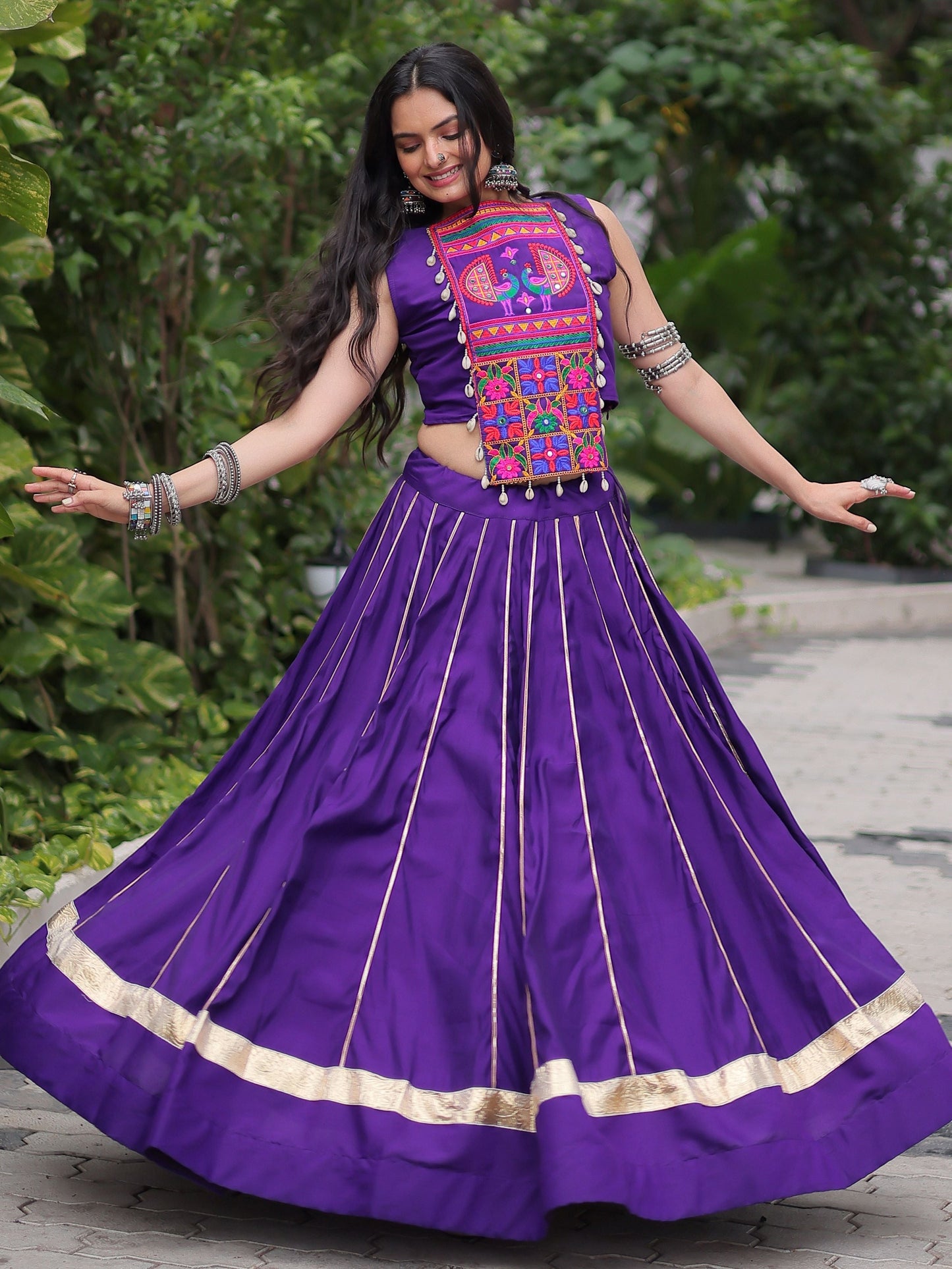 Alluring Purple Silk Gota Patti Work Navratri Special Crop Top Lehenga