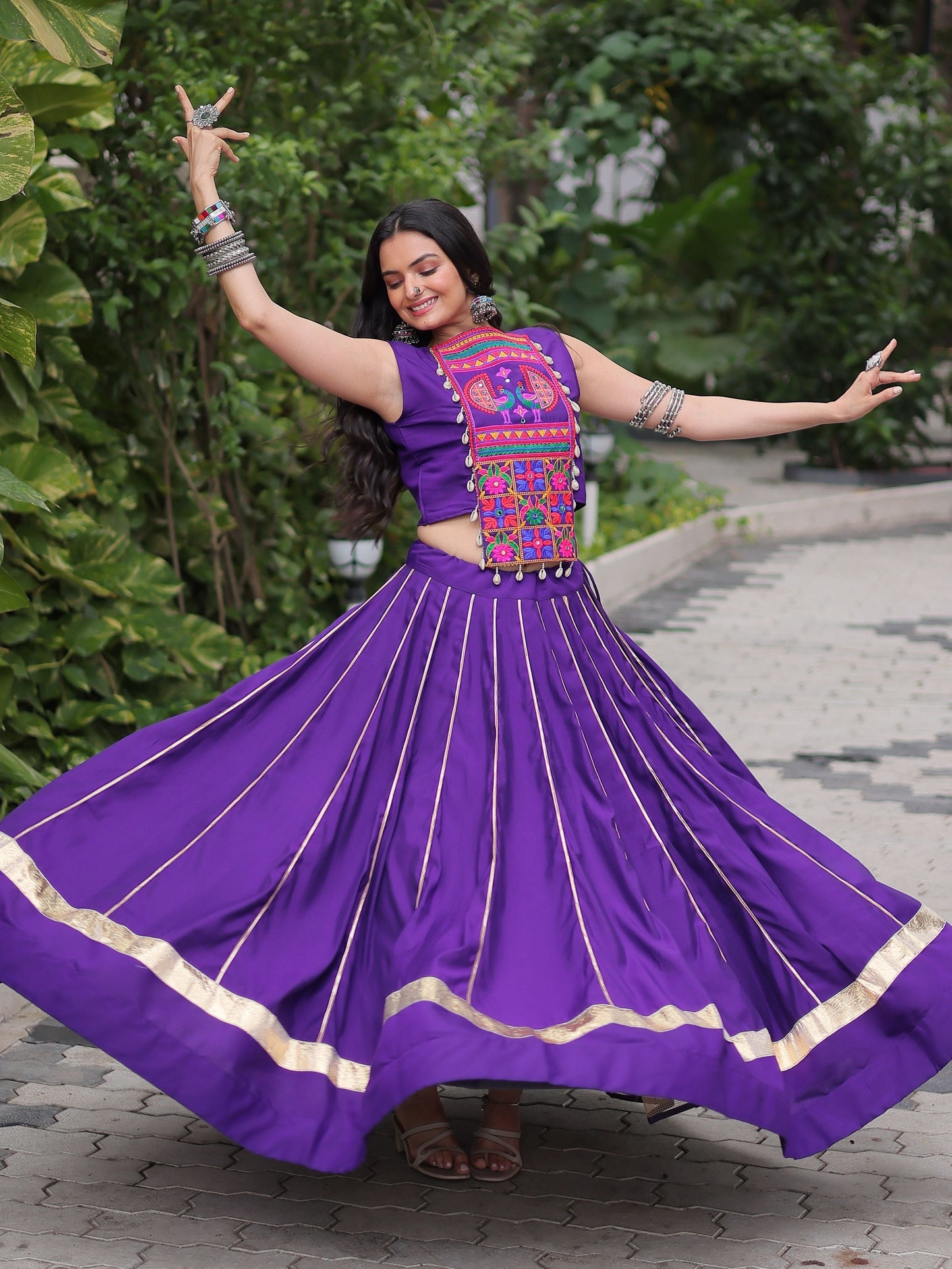 Alluring Purple Silk Gota Patti Work Navratri Special Crop Top Lehenga