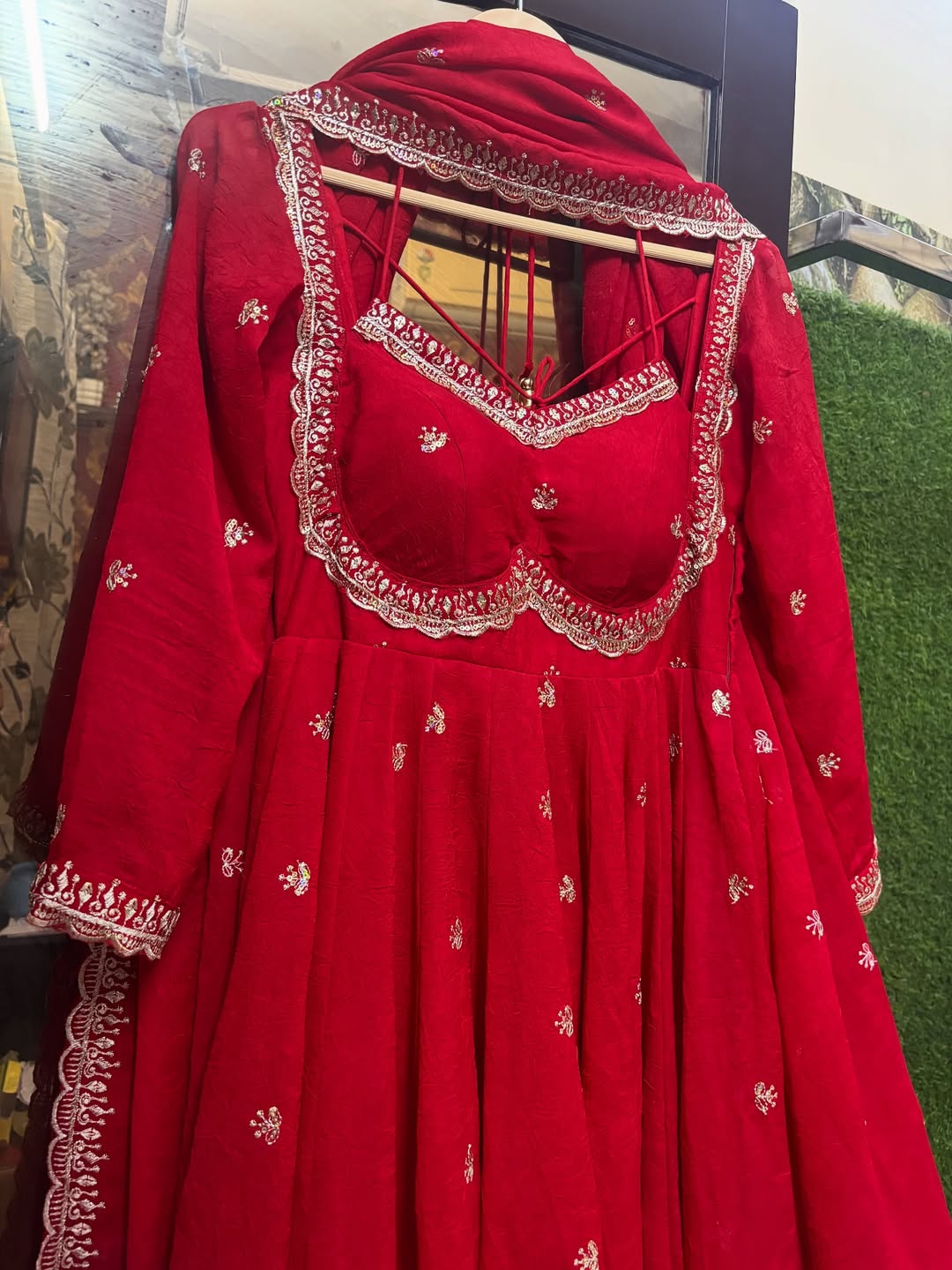 Alluring Red Chilli Slit Anarkali Premium Suit Set