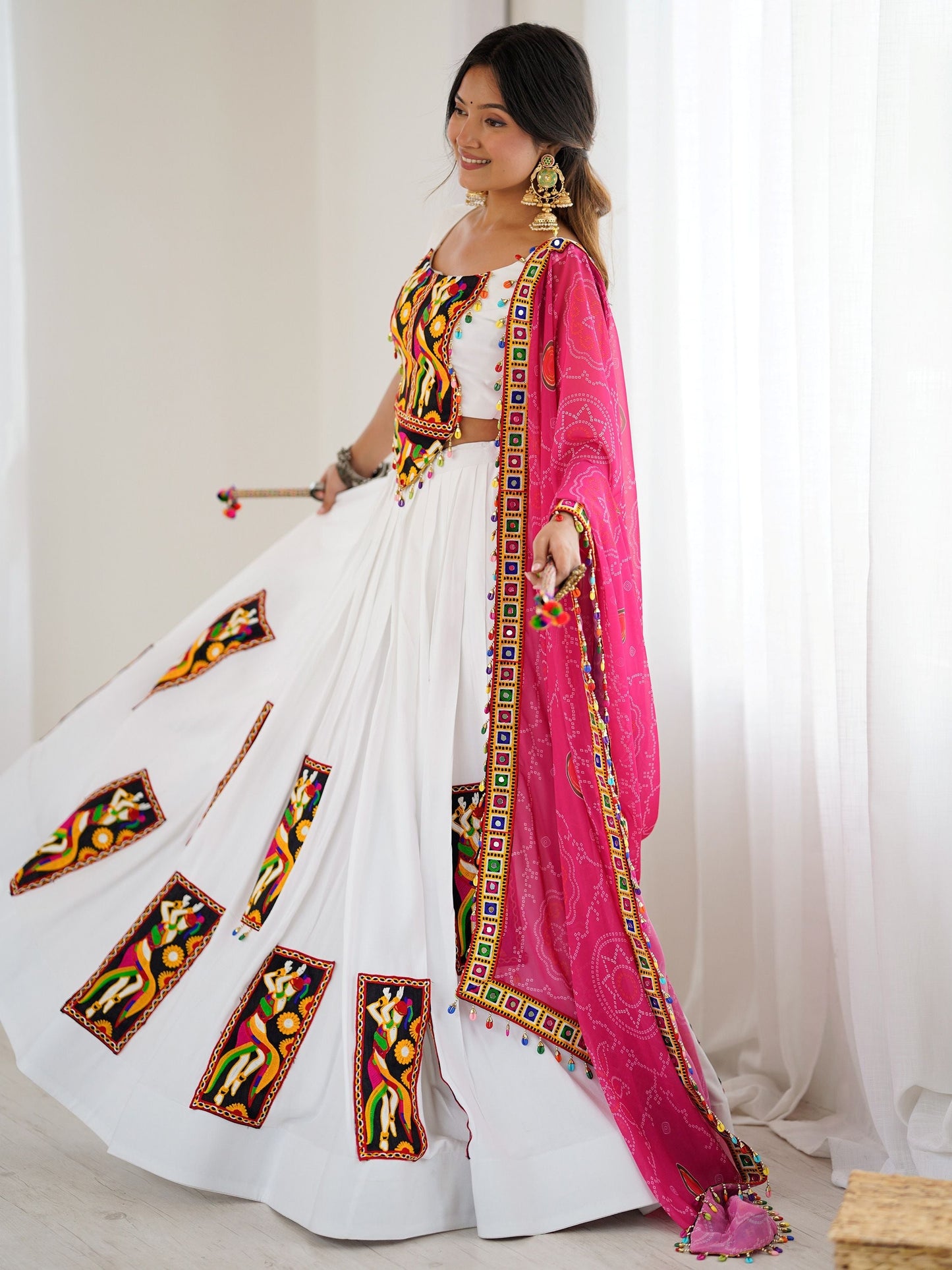 Magnetic White Gamthi Work Rayon Navratri Lehenga Choli With Dupatta