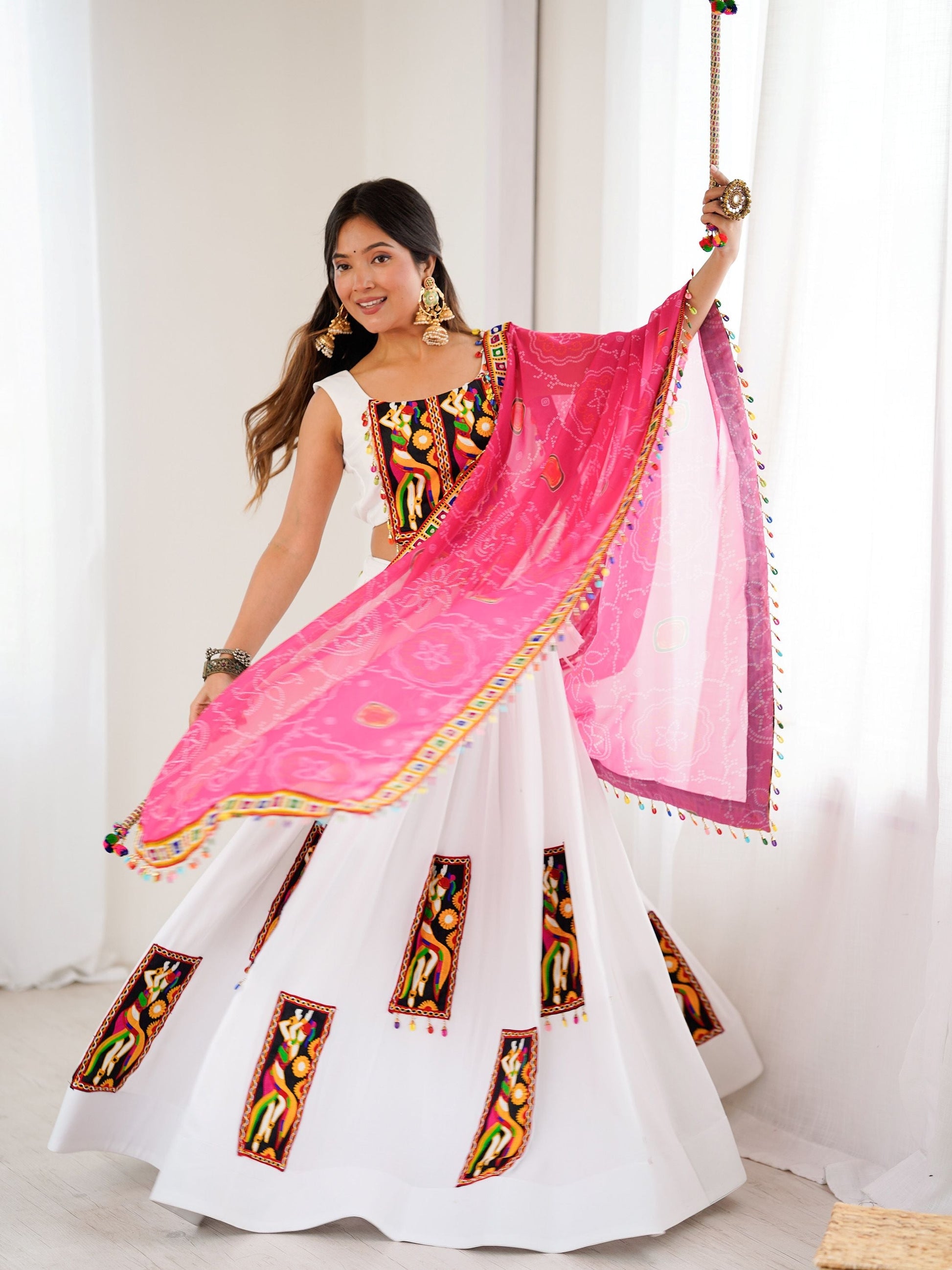 Magnetic White Gamthi Work Rayon Navratri Lehenga Choli With Dupatta