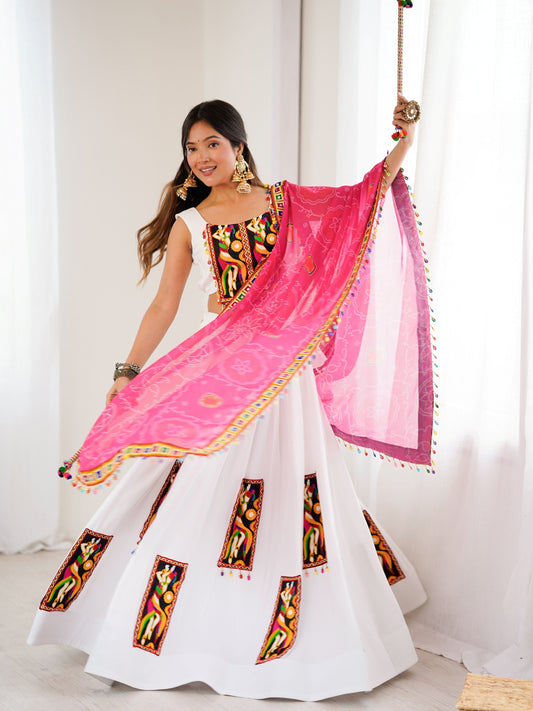 Magnetic White Gamthi Work Rayon Navratri Lehenga Choli With Dupatta
