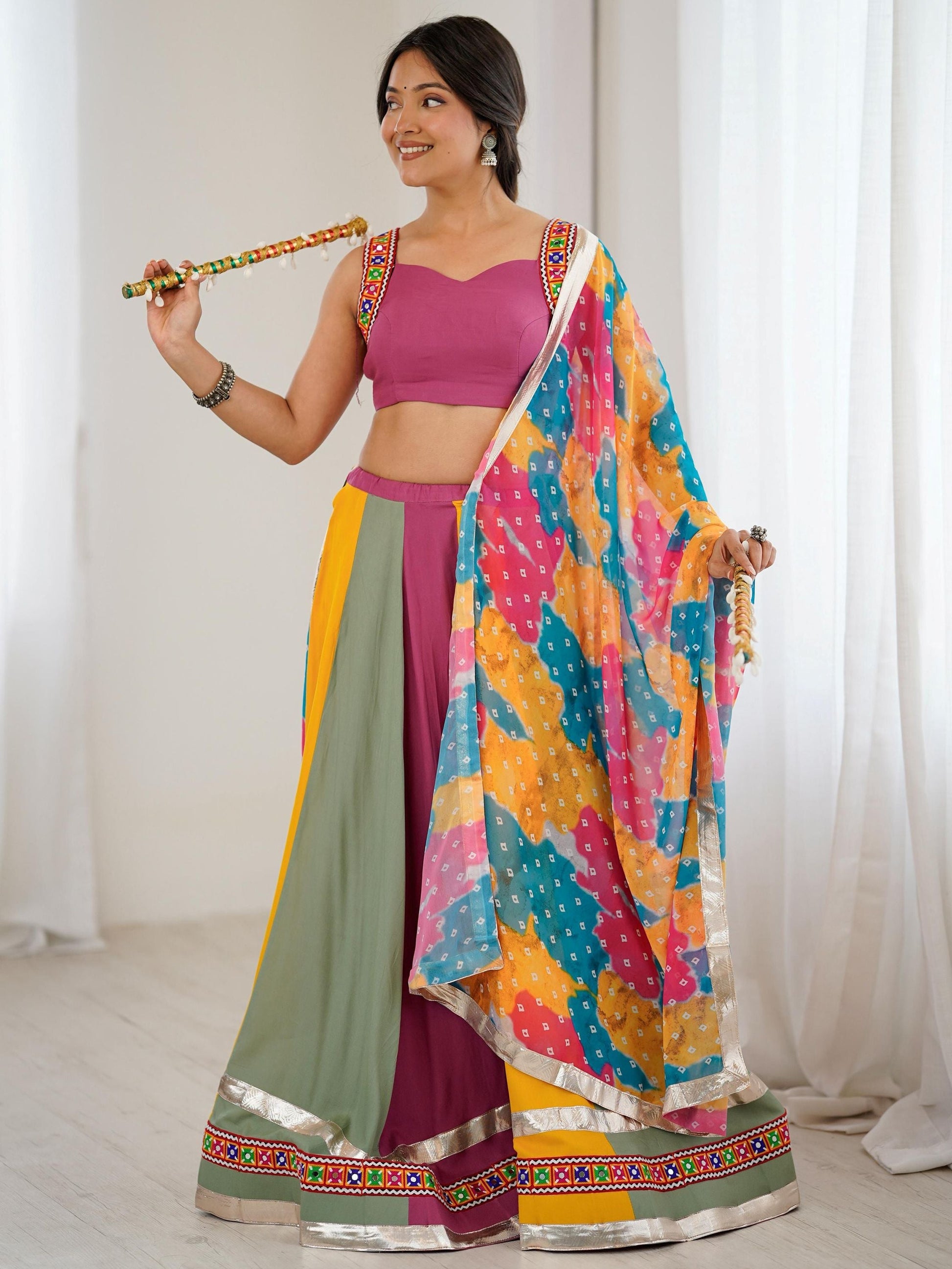 Stylish Multi-Color Rayon Navratri Wear Lehenga Choli With Printed Dupatta