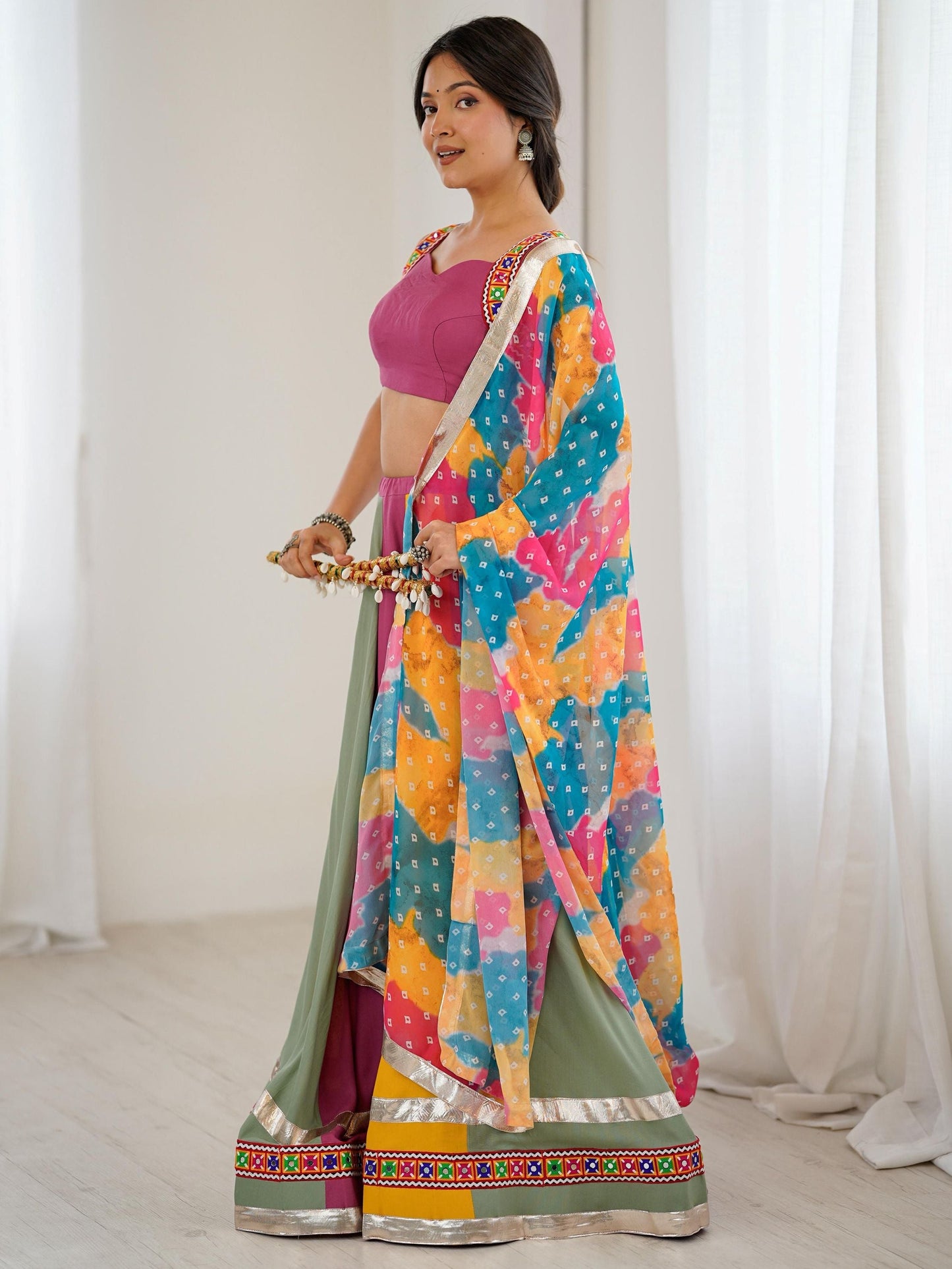 Stylish Multi-Color Rayon Navratri Wear Lehenga Choli With Printed Dupatta