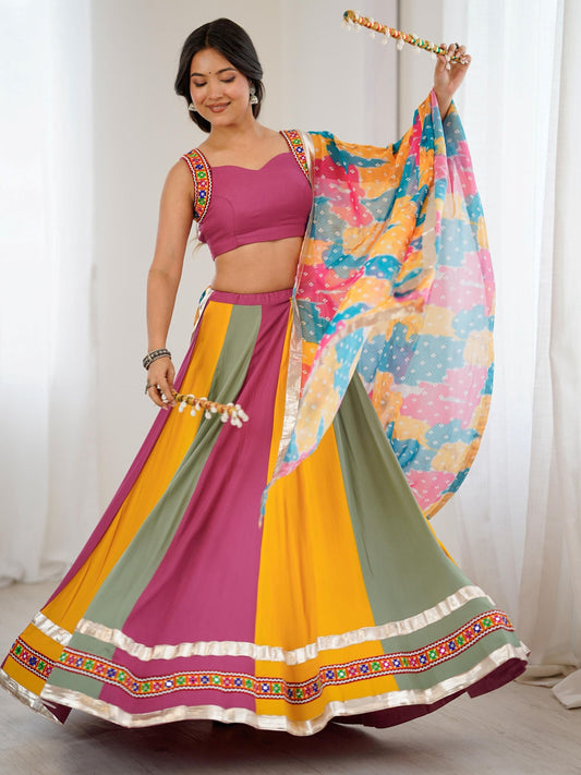 Stylish Multi-Color Rayon Navratri Wear Lehenga Choli With Printed Dupatta