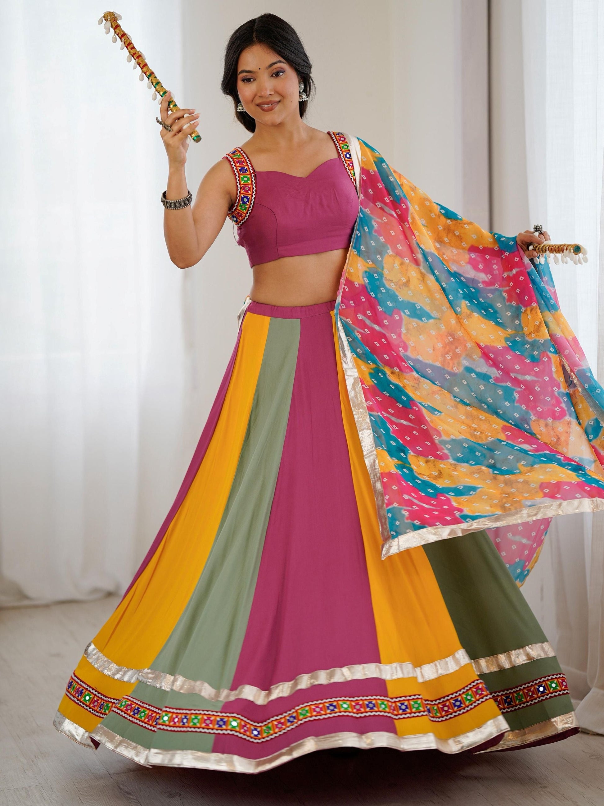 Stylish Multi-Color Rayon Navratri Wear Lehenga Choli With Printed Dupatta