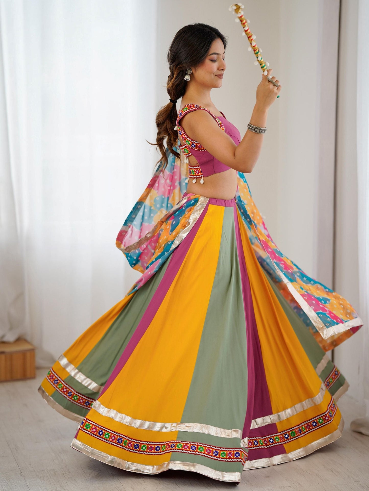 Stylish Multi-Color Rayon Navratri Wear Lehenga Choli With Printed Dupatta