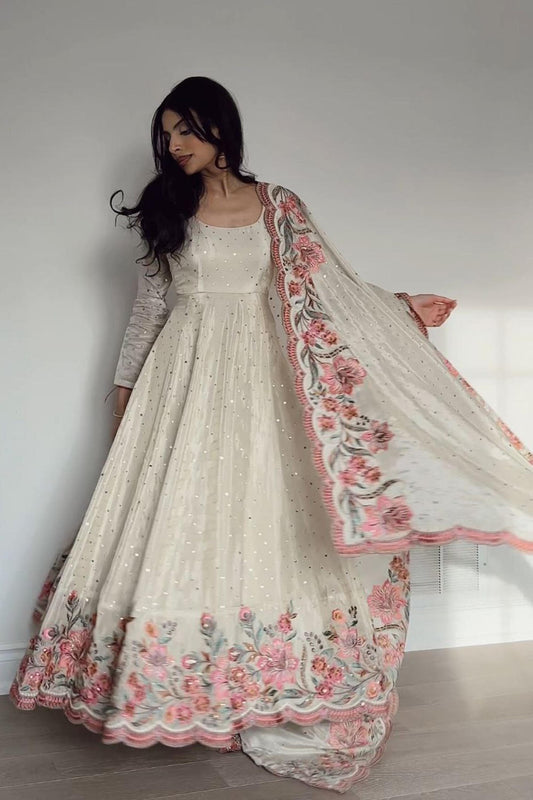 Off-White Vichitra Silk Gown Set