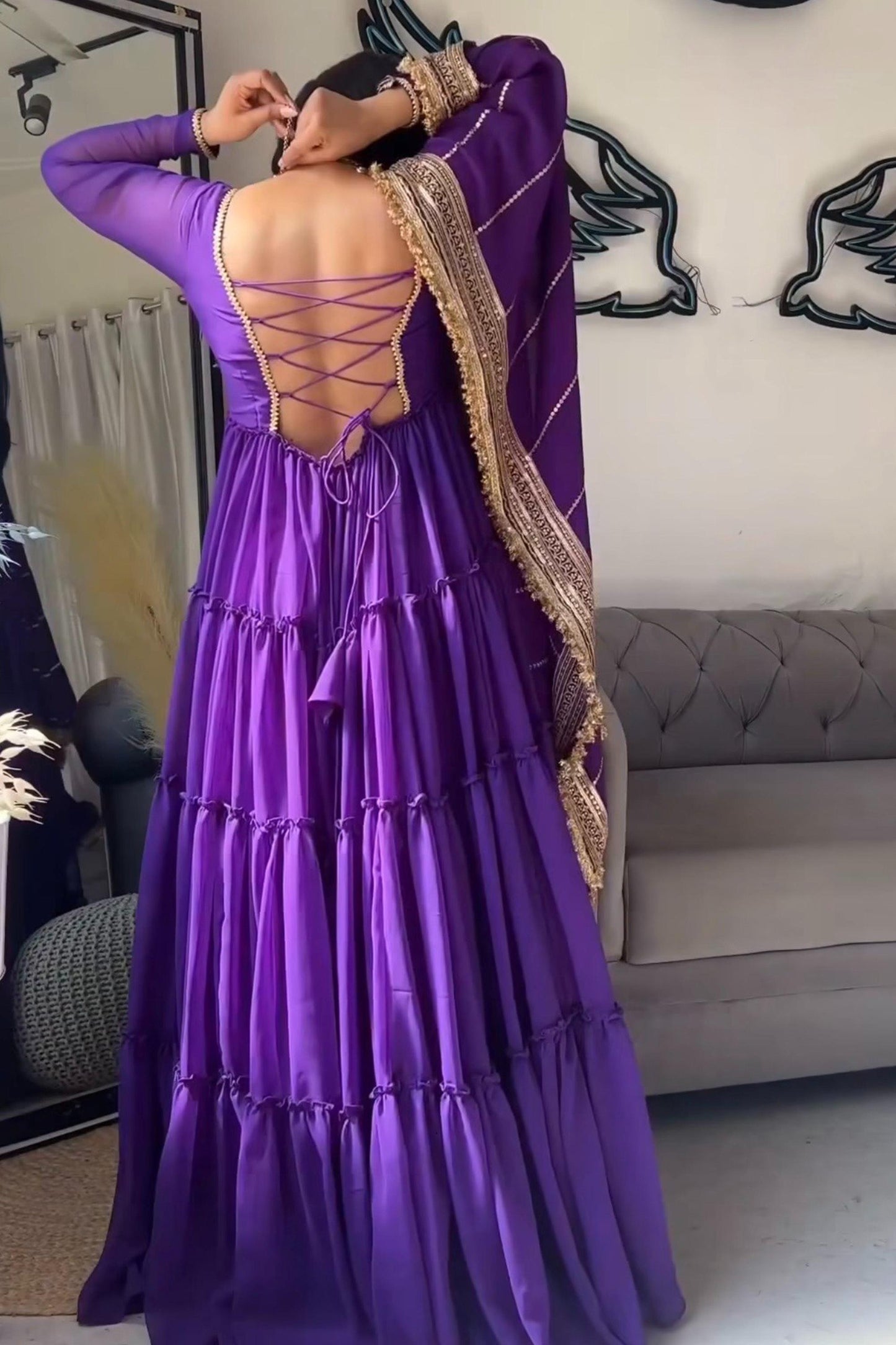 Royal Purple Tiered Anarkali Ensemble