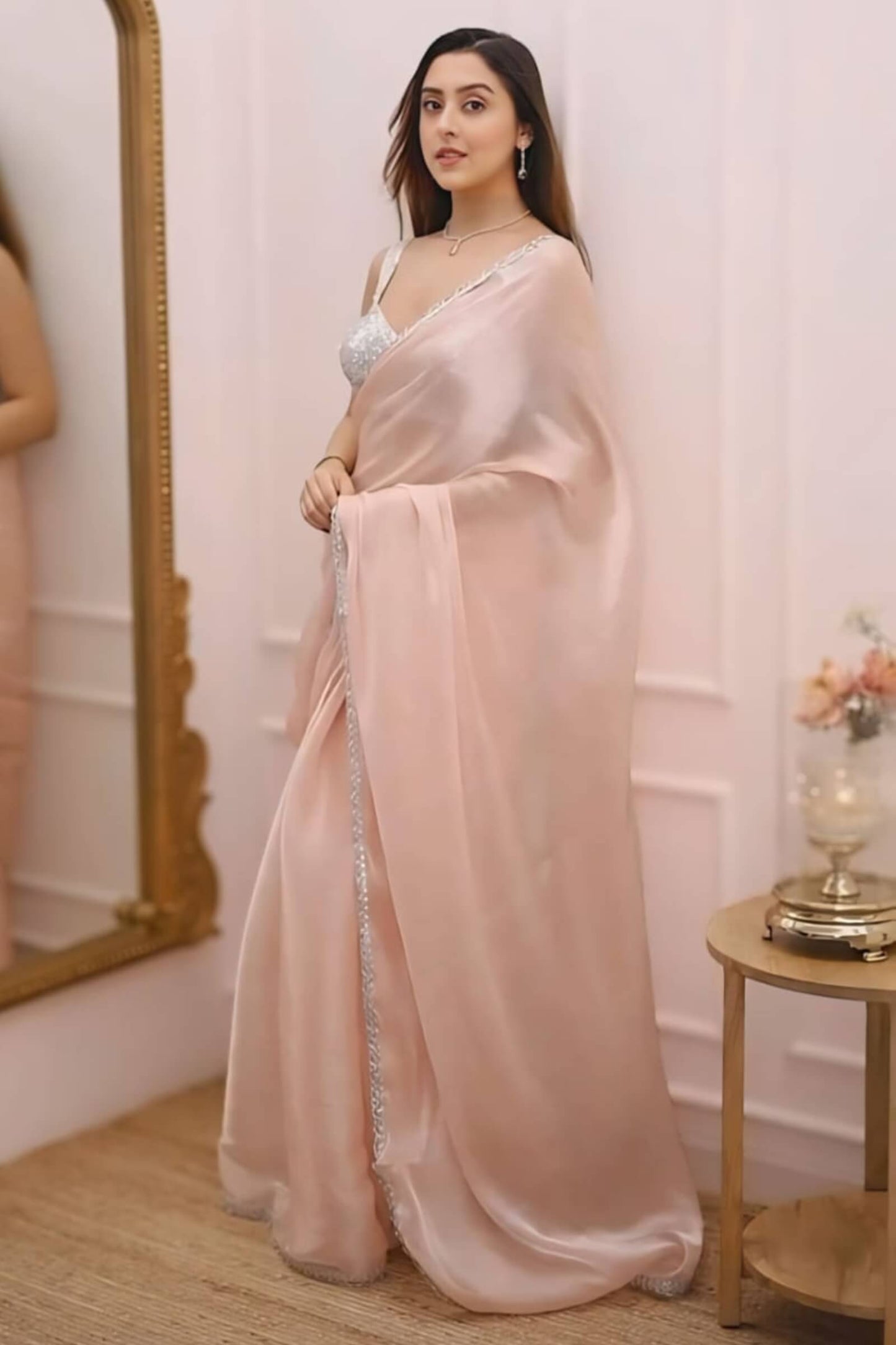 Premium Silk Saree with Fancy Silver Lace & Heavy Sequin Blouse