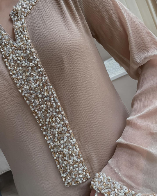 Elegant Fox Georgette Straight Suit Set with Real Moti Handwork Dupatta