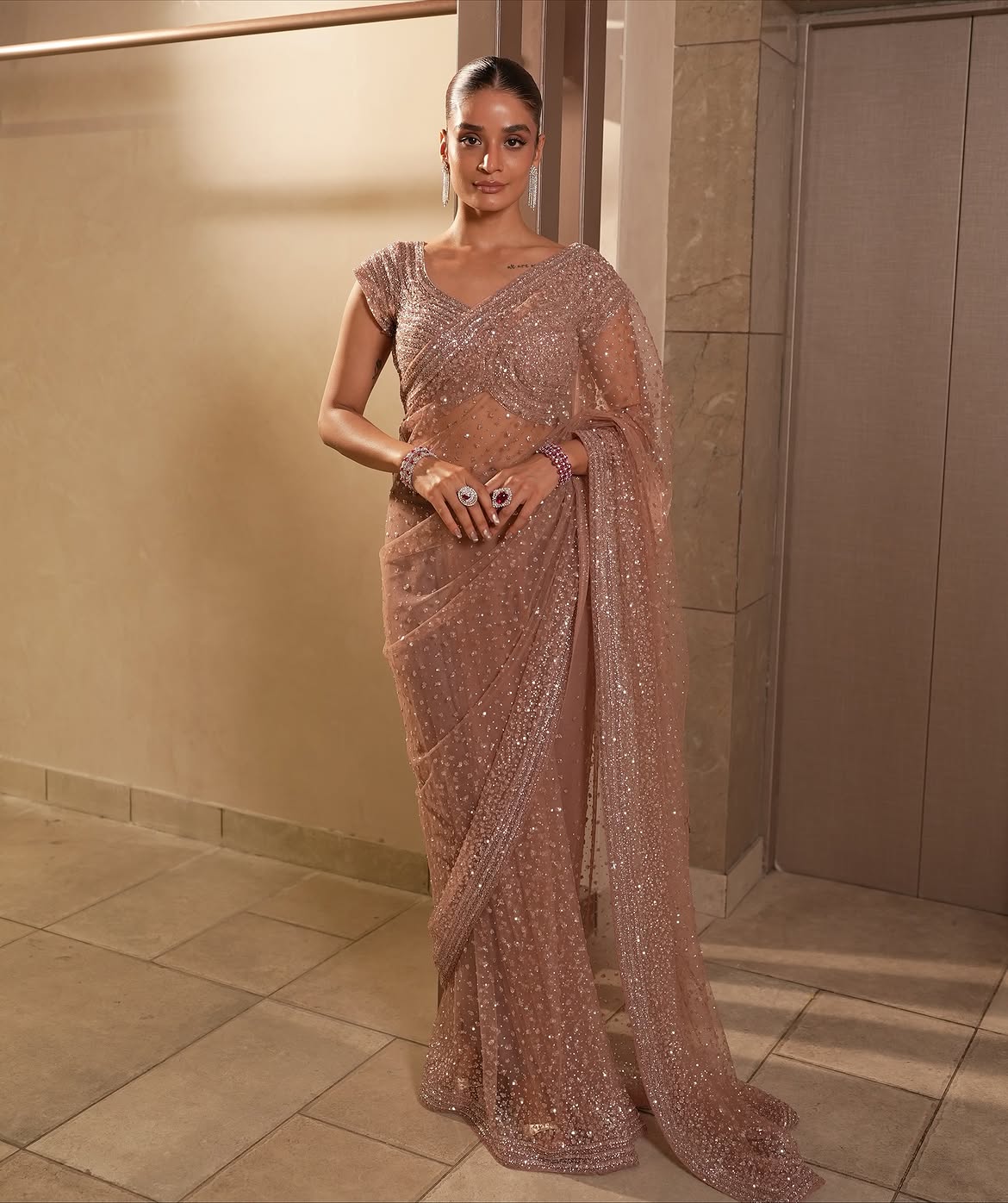 Golden Sequin Net Saree with Dori Work | Wedding & Party Wear
