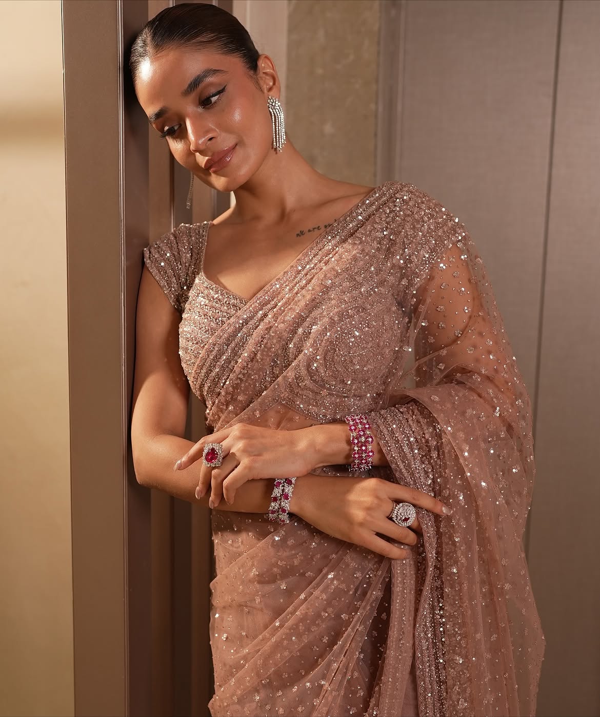 Golden Sequin Net Saree with Dori Work | Wedding & Party Wear