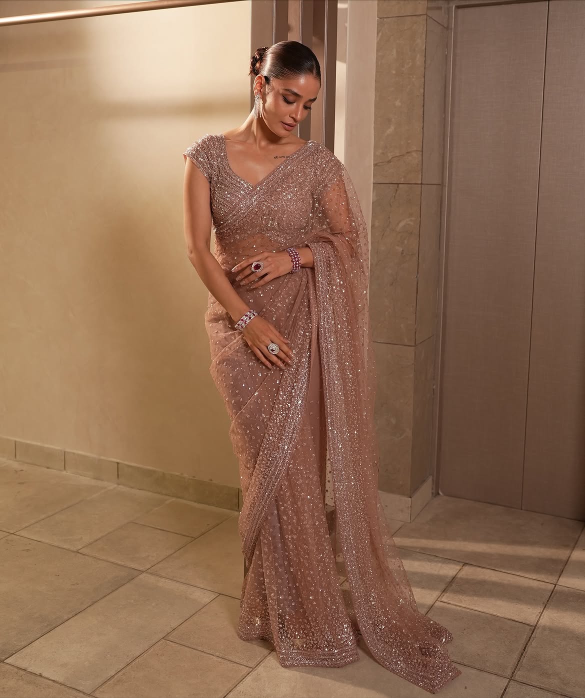 Golden Sequin Net Saree with Dori Work | Wedding & Party Wear