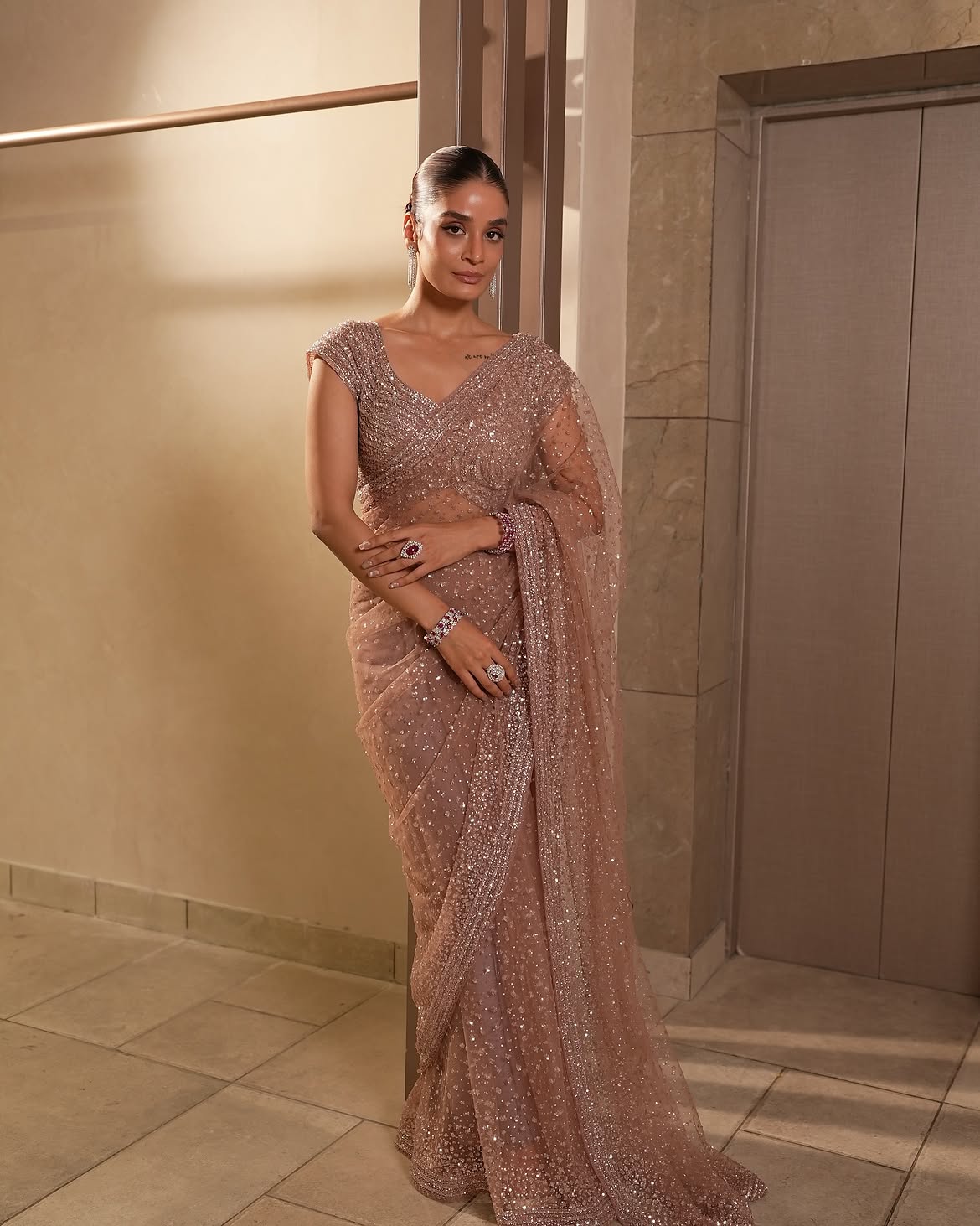 Golden Sequin Net Saree with Dori Work | Wedding & Party Wear