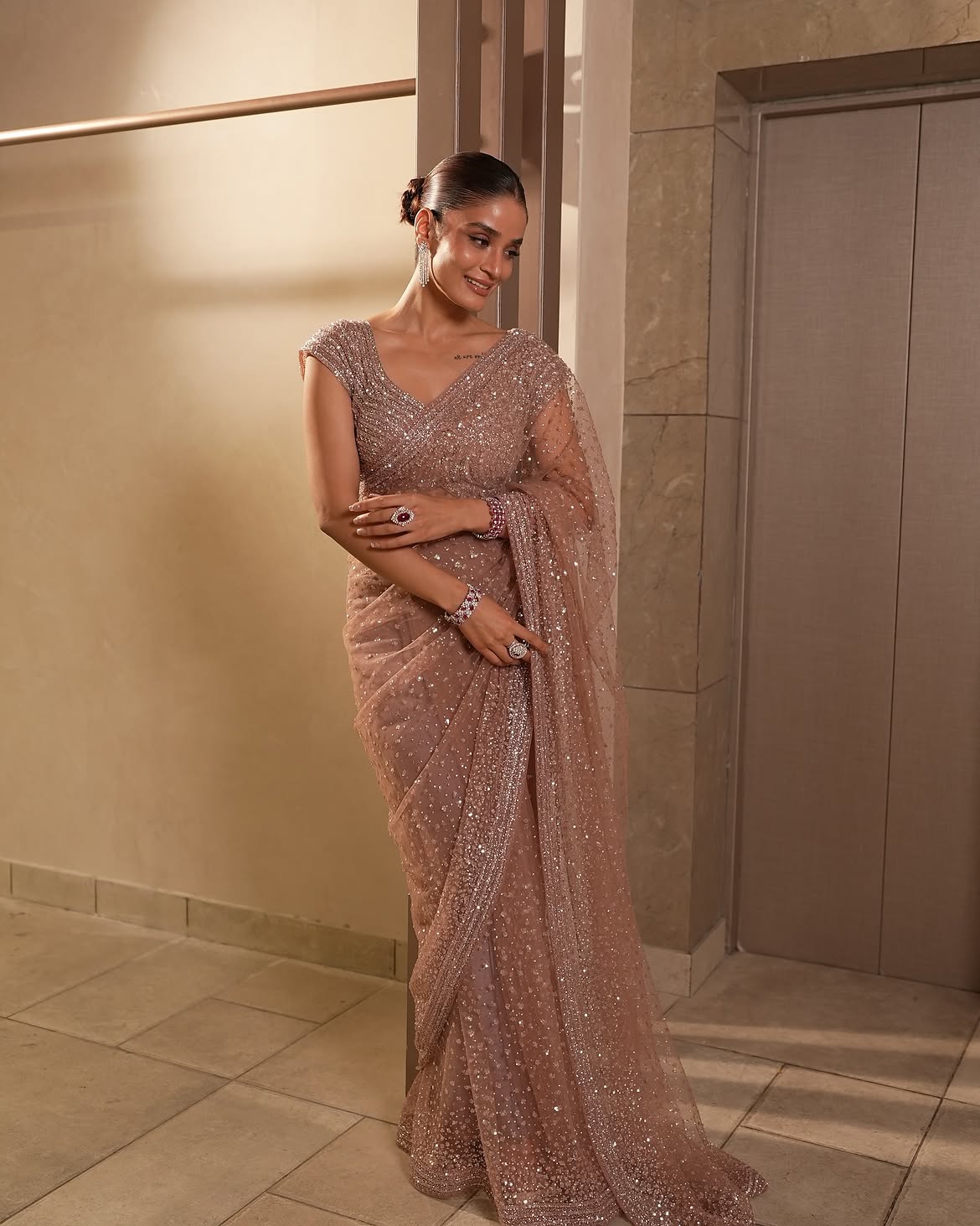 Golden Sequin Net Saree with Dori Work | Wedding & Party Wear