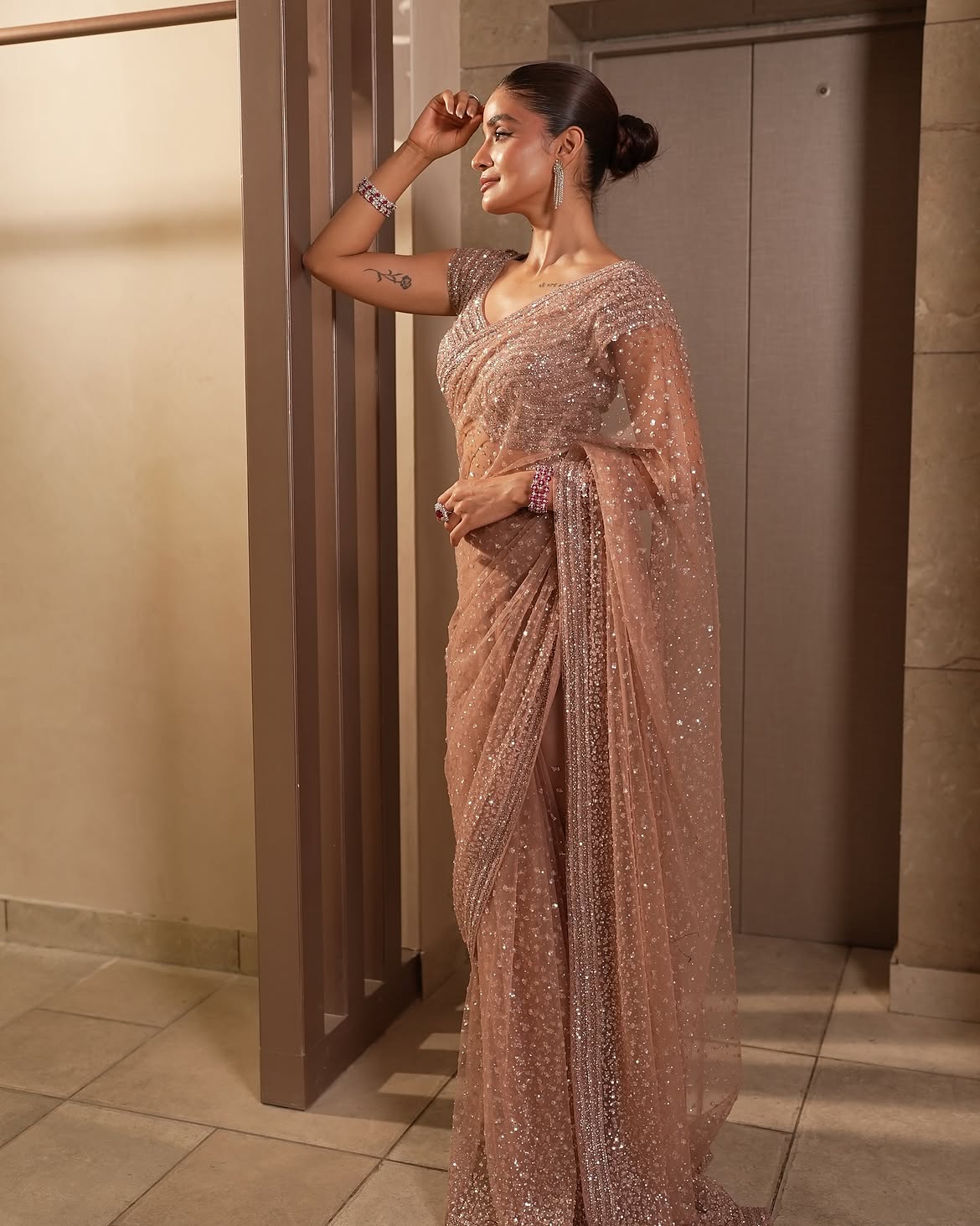 Golden Sequin Net Saree with Dori Work | Wedding & Party Wear