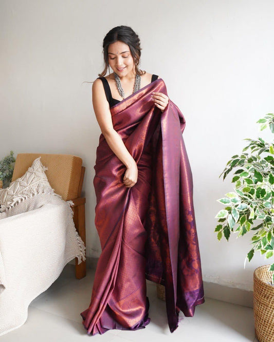 Lovely Soft Silk With Intricate Copper Zari Weaving Worked Saree - Ethnicwish