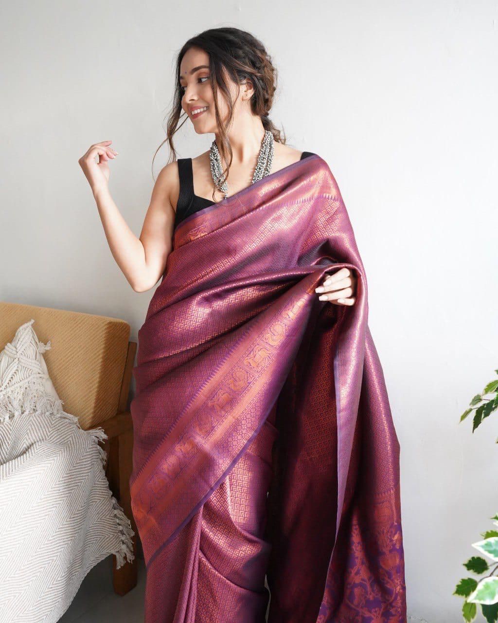 Lovely Soft Silk With Intricate Copper Zari Weaving Worked Saree - Ethnicwish