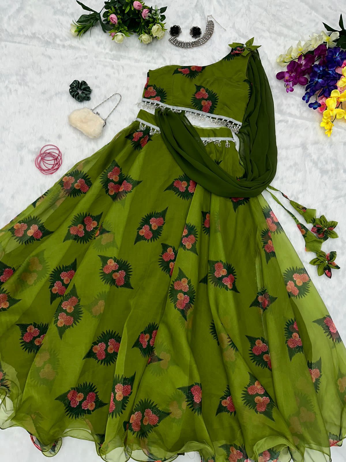 Fully Stitched Green Color Organza Silk Lehenga Choli