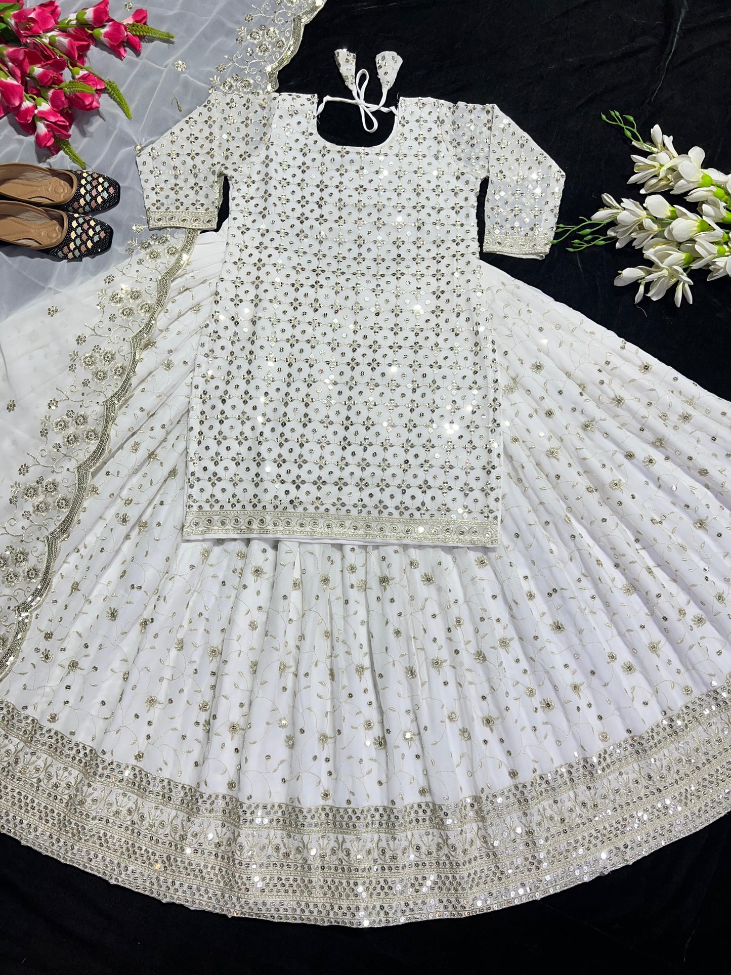 Captivating Embroidery Work White Color Lehenga Suit