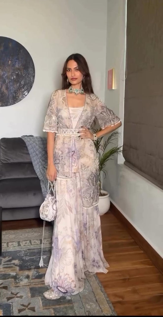 Wedding Wear Jacket Style Indo Western Sharara Set For Women