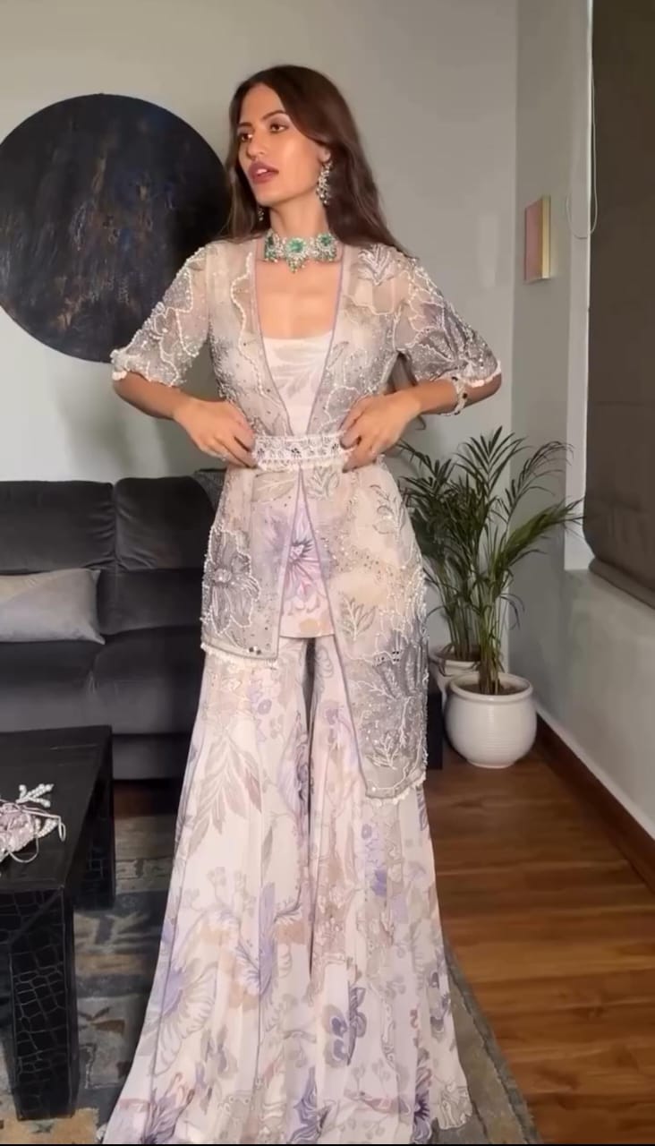 Wedding Wear Jacket Style Indo Western Sharara Set For Women