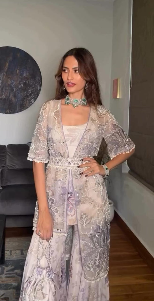 Wedding Wear Jacket Style Indo Western Sharara Set For Women