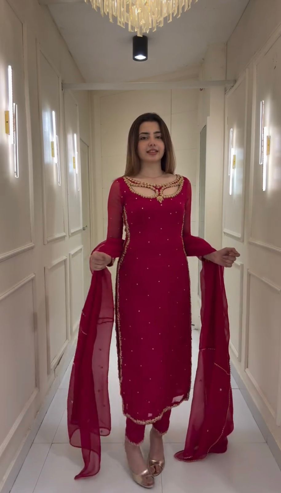 Premium Foux Georgetta  Embroidered Kurti , Pant And Duppta Set