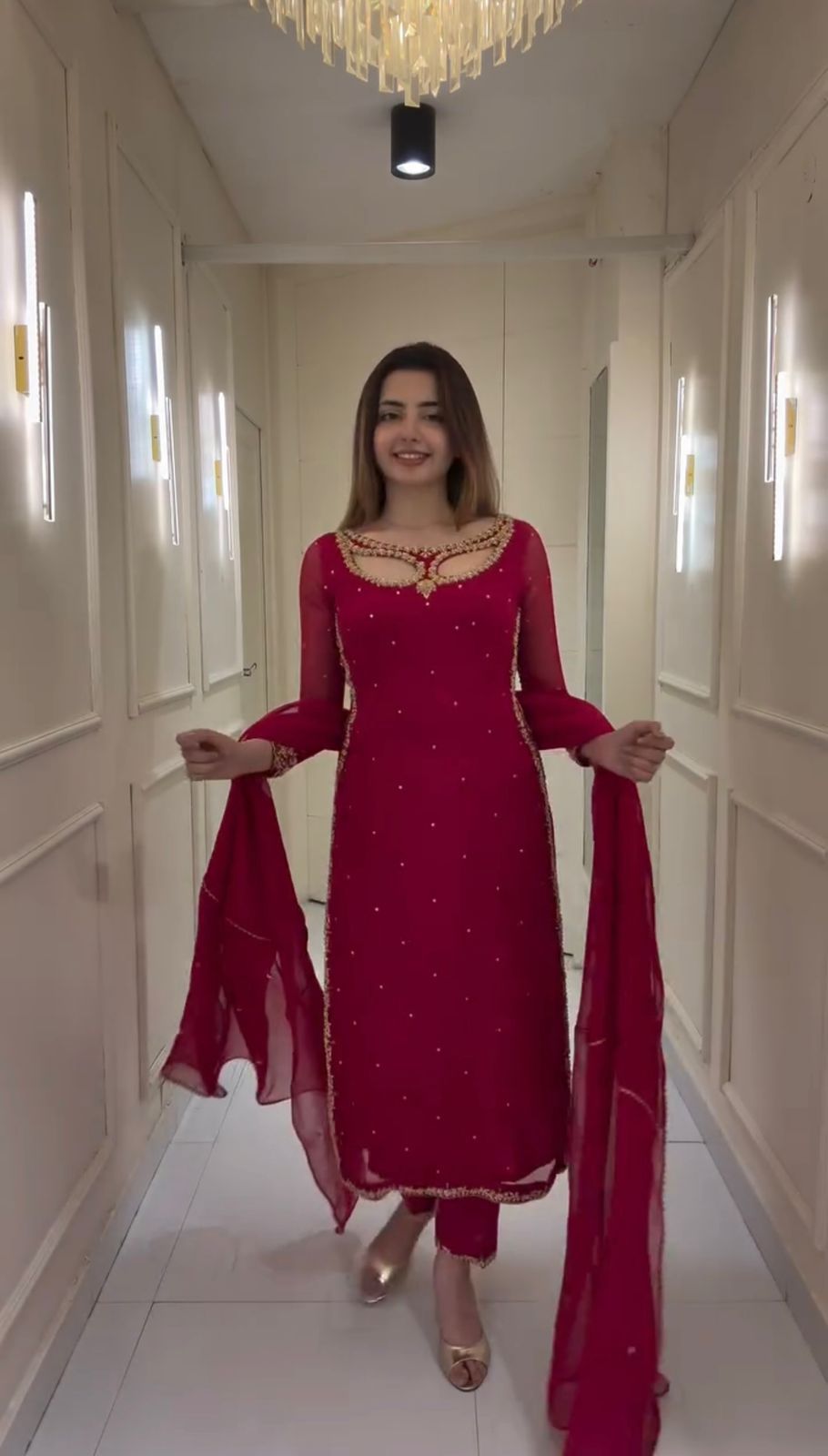 Premium Foux Georgetta  Embroidered Kurti , Pant And Duppta Set