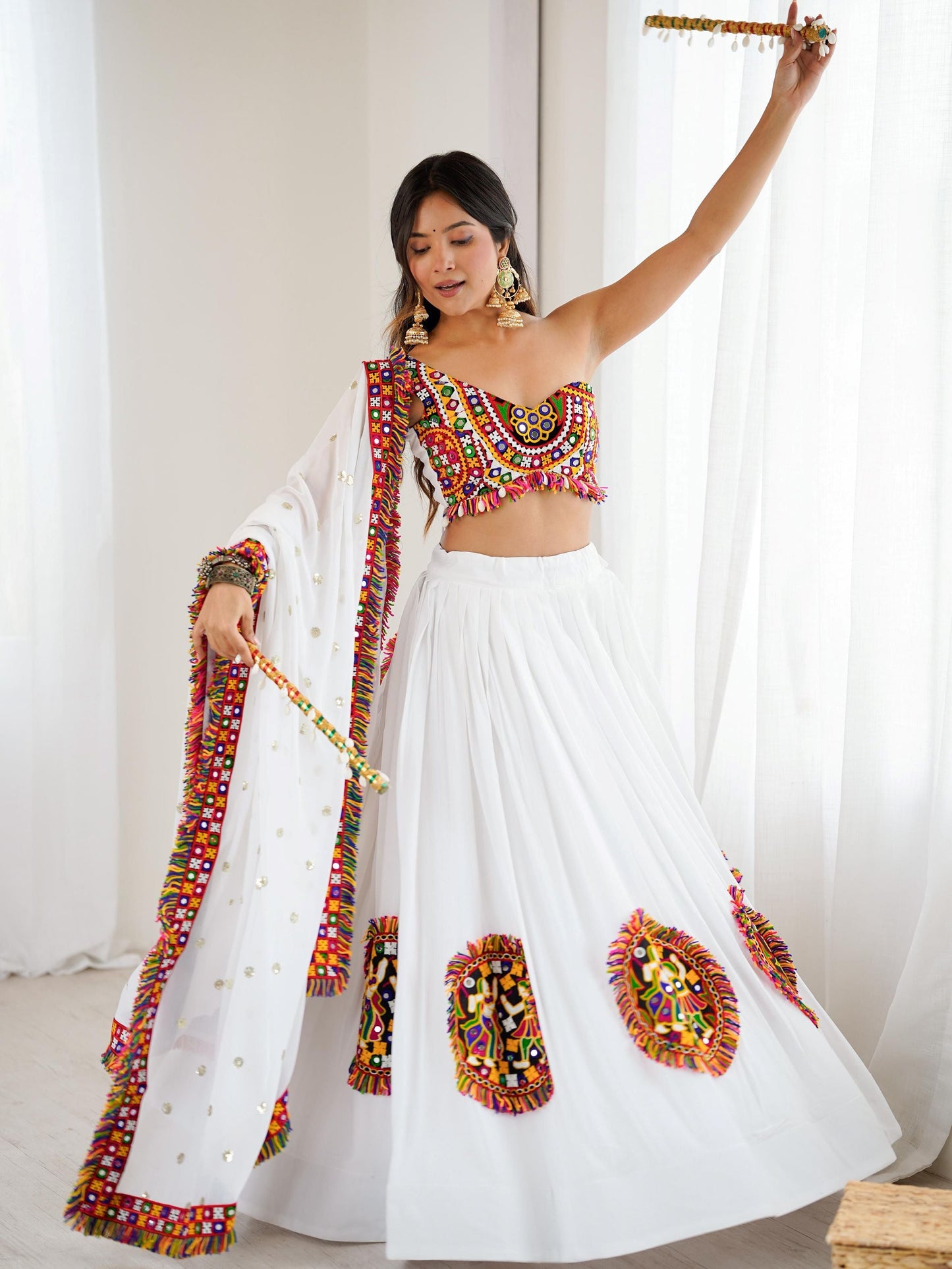 Desirable White Rayon Gamthi Work Navratri Special Lehenga Choli