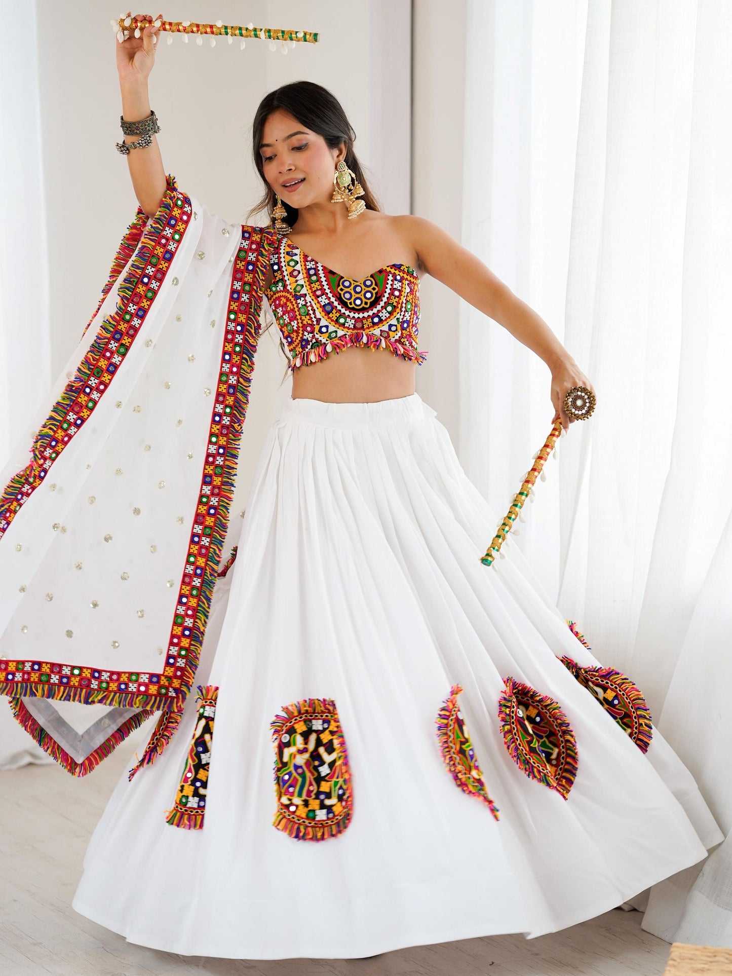 Desirable White Rayon Gamthi Work Navratri Special Lehenga Choli