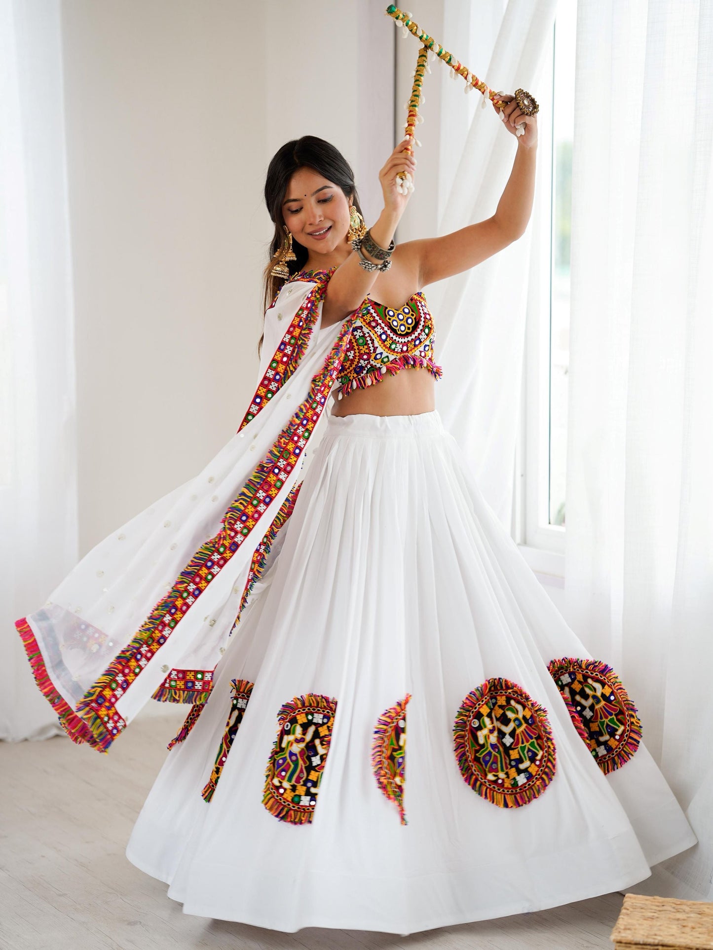 Desirable White Rayon Gamthi Work Navratri Special Lehenga Choli