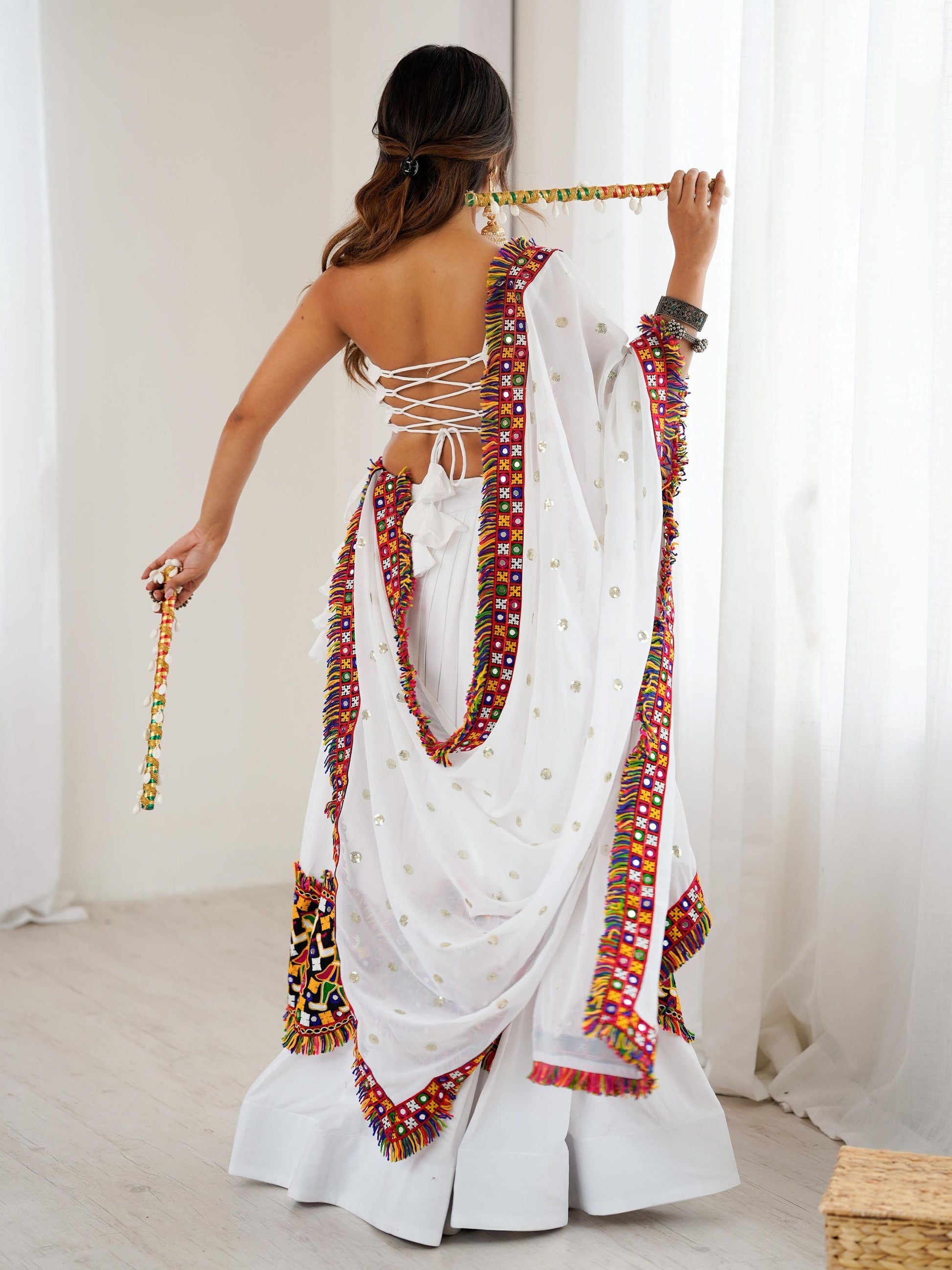 Desirable White Rayon Gamthi Work Navratri Special Lehenga Choli