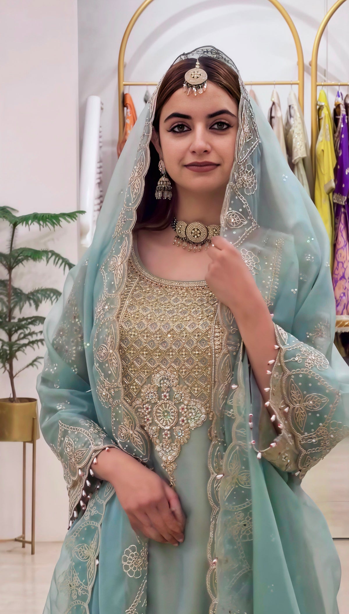 Wedding Wear Sky Blue Color Georgette Embroidery Sequence Work Sharara Suit