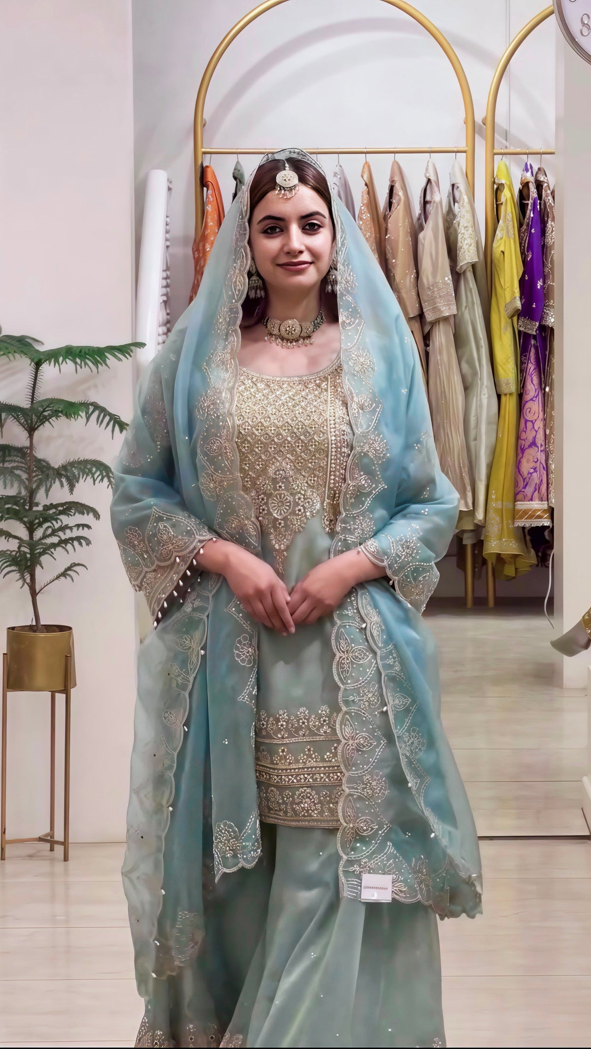Wedding Wear Sky Blue Color Georgette Embroidery Sequence Work Sharara Suit