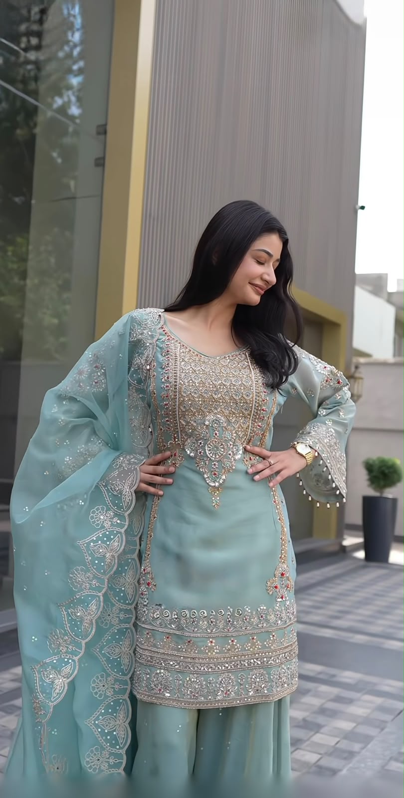 Wedding Wear Sky Blue Color Georgette Embroidery Sequence Work Sharara Suit