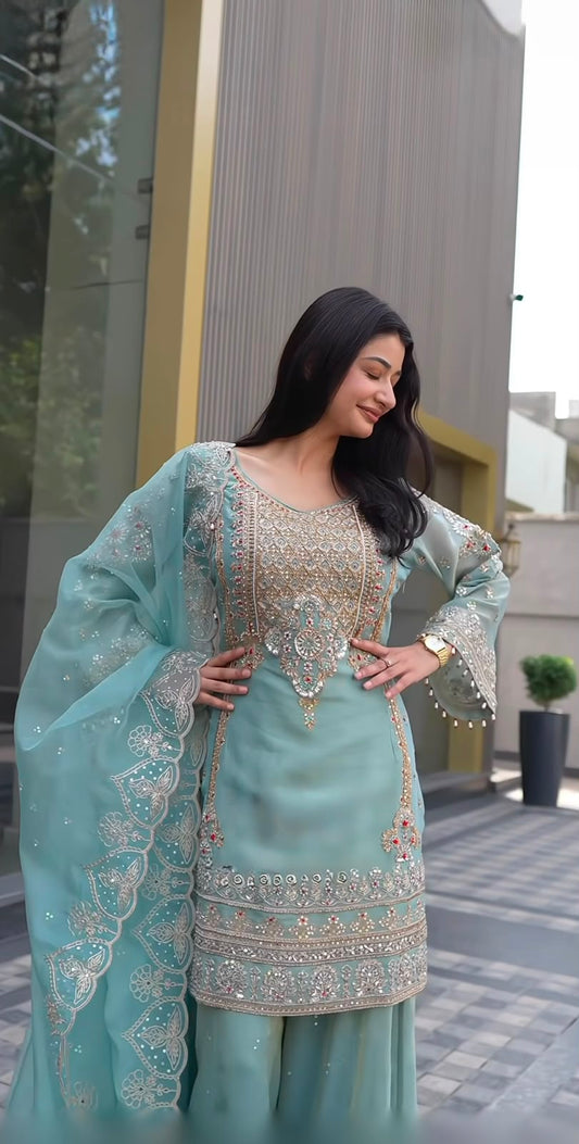 Wedding Wear Sky Blue Color Georgette Embroidery Sequence Work Sharara Suit