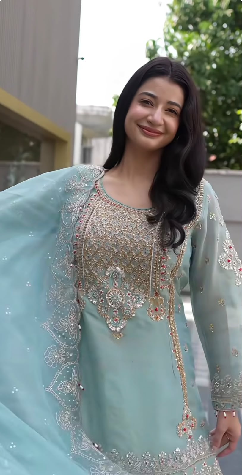 Wedding Wear Sky Blue Color Georgette Embroidery Sequence Work Sharara Suit
