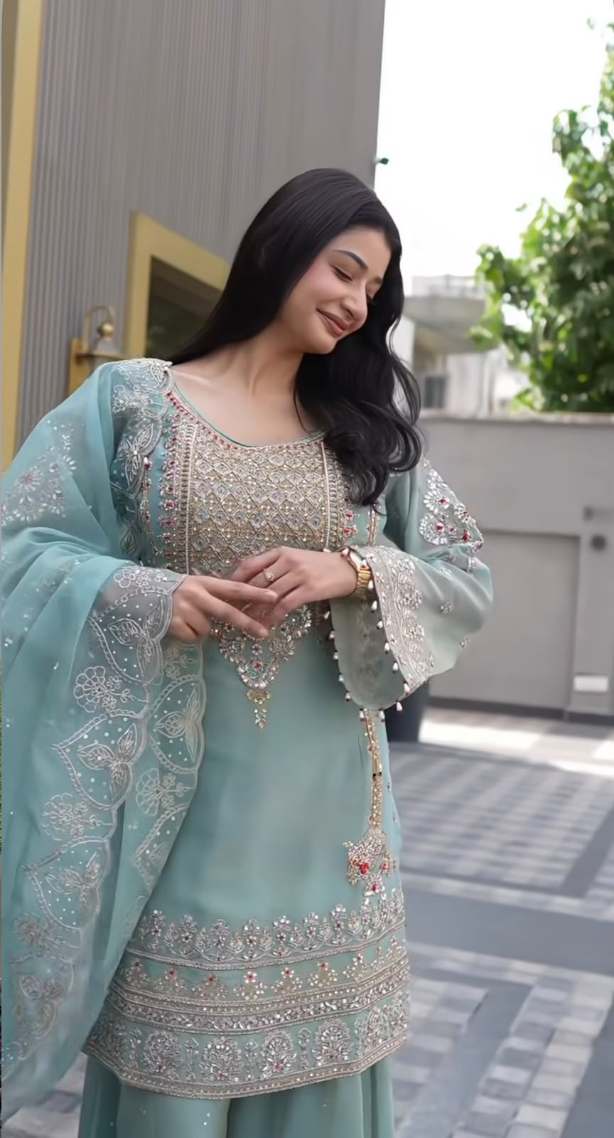 Wedding Wear Sky Blue Color Georgette Embroidery Sequence Work Sharara Suit