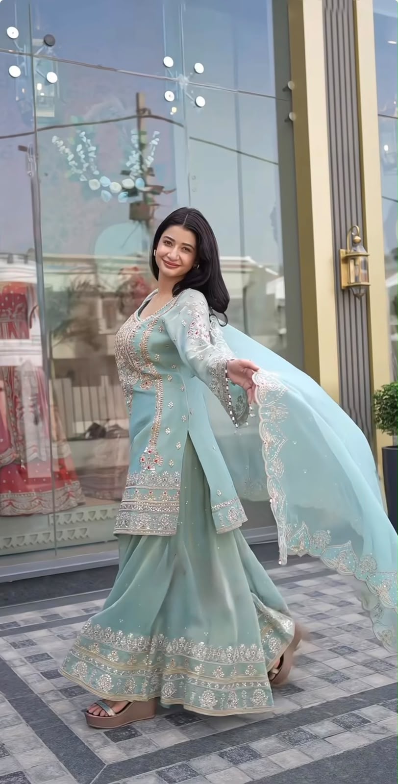 Wedding Wear Sky Blue Color Georgette Embroidery Sequence Work Sharara Suit