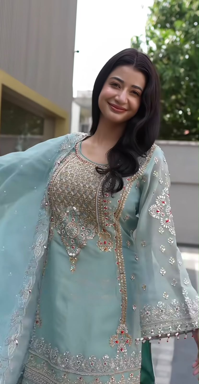 Wedding Wear Sky Blue Color Georgette Embroidery Sequence Work Sharara Suit